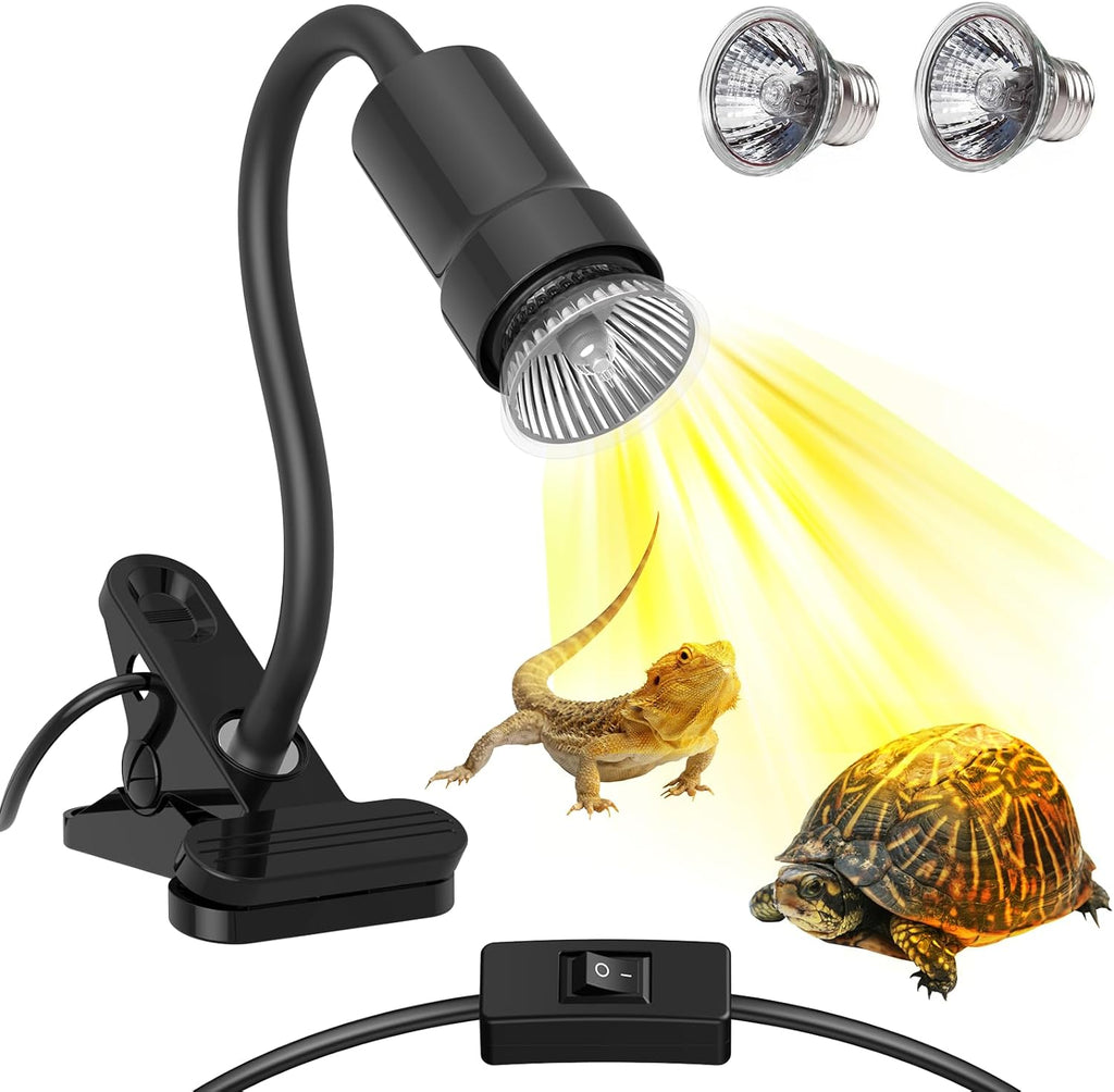 Reptile Heat Lamp, 360° Rotatable UVA/UVB Light Lamp with 2pcs Basking Bulbs (25W + 35W), Suitable for Snake, Lizard, Bearded Dragon, Reptiles, Turtle (Black)
