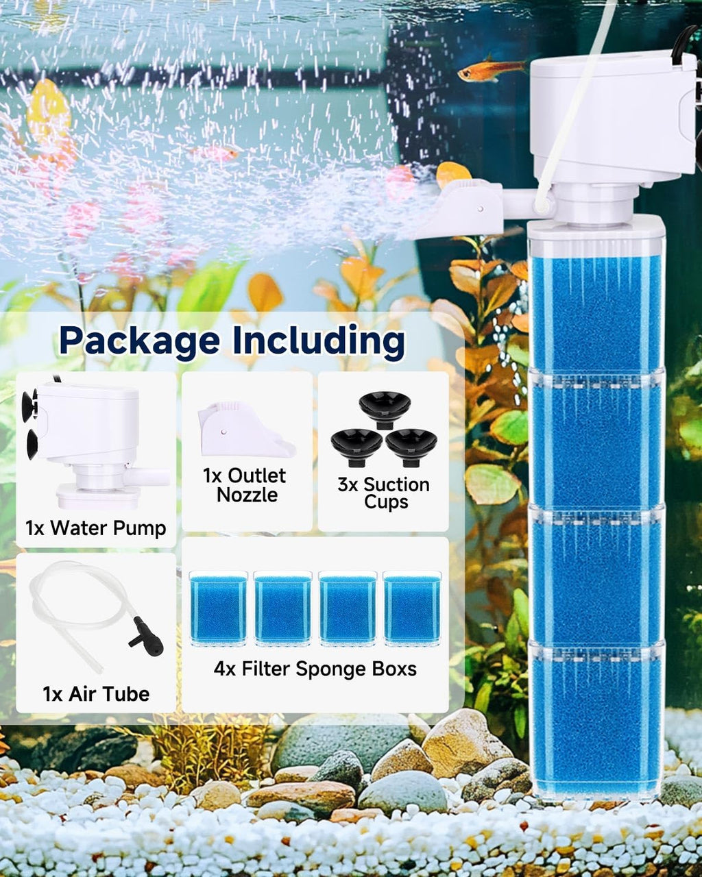 4-in-1 Aquarium Power Filter - Mutil Stage Filtration, Adjustable Oxygenation/Wavemaker, Whisper-Quiet Submersible Fish Tank Filter & Water Circulation System for 20-100 Gal Fresh/Salt Tank