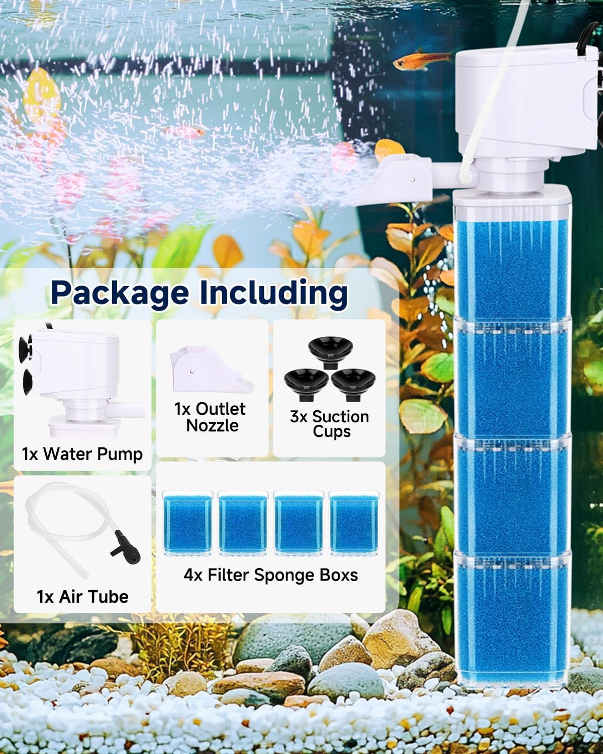 4-in-1 Aquarium Power Filter - Mutil Stage Filtration, Adjustable Oxygenation/Wavemaker, Whisper-Quiet Submersible Fish Tank Filter & Water Circulation System for 20-100 Gal Fresh/Salt Tank