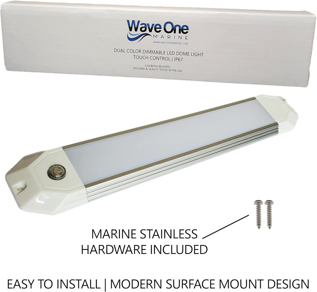 Wave One Marine 12" Dual Color Dimmable Dome Boat Light | 12V Volt RV Aluminum Housing Touch Dimmer Switch | IP67 Waterproof Interior Exterior (White | Red)