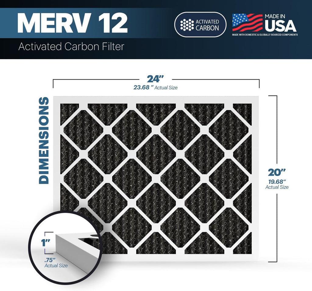 BNX TruFilter 20x24x1 MERV 12 Odor Defense (4-Pack) AC Furnace Air Filter with Activated Carbon - MADE IN USA - Pleated Air Conditioner HVAC AC Furnace Filters - Removes Odor, Mold, Bacteria, Smoke