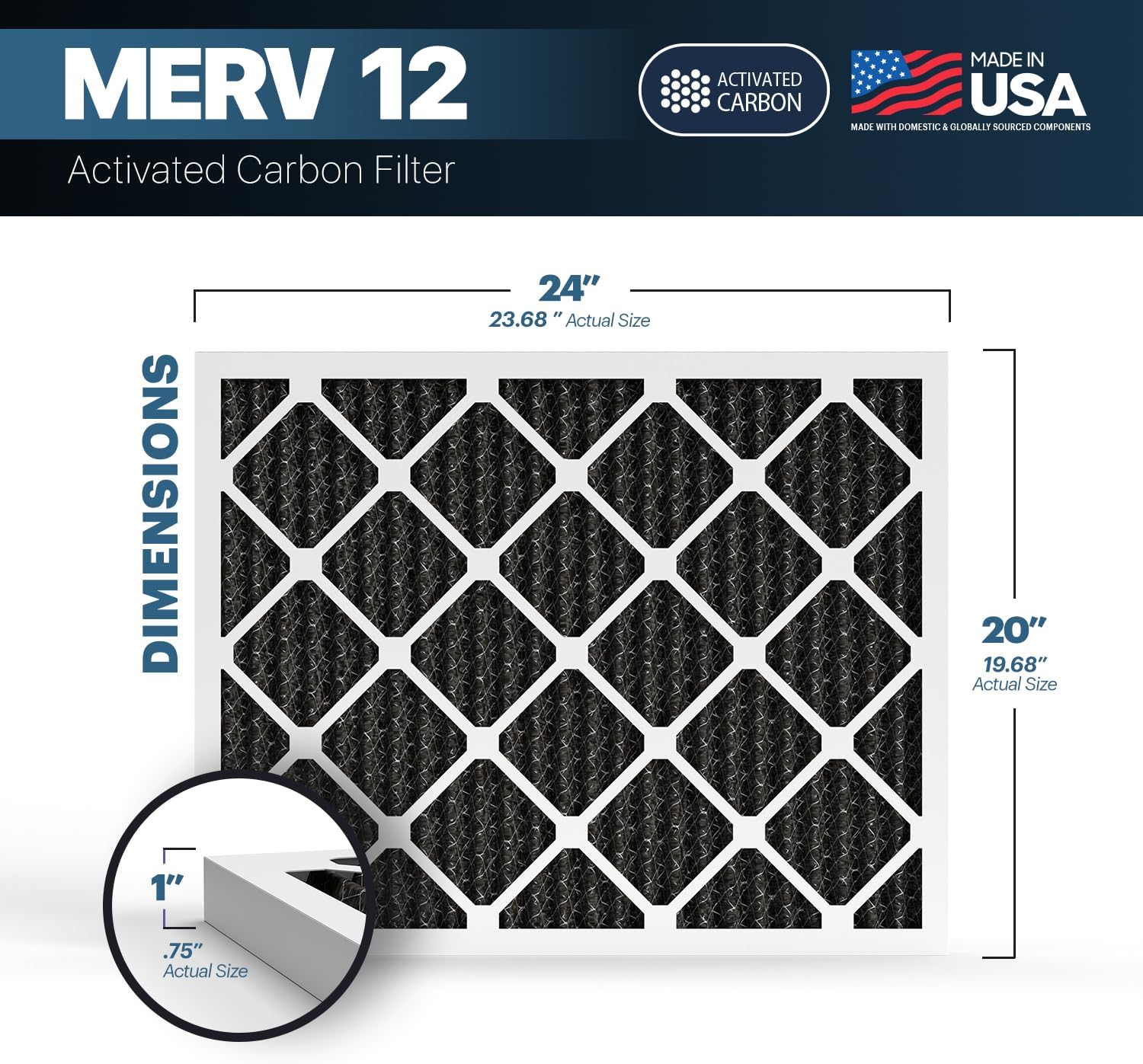 BNX TruFilter 20x24x1 MERV 12 Odor Defense (2-Pack) AC Furnace Air Filter with Activated Carbon - MADE IN USA - Pleated Air Conditioner HVAC AC Furnace Filters - Removes Odor, Mold, Bacteria, Smoke