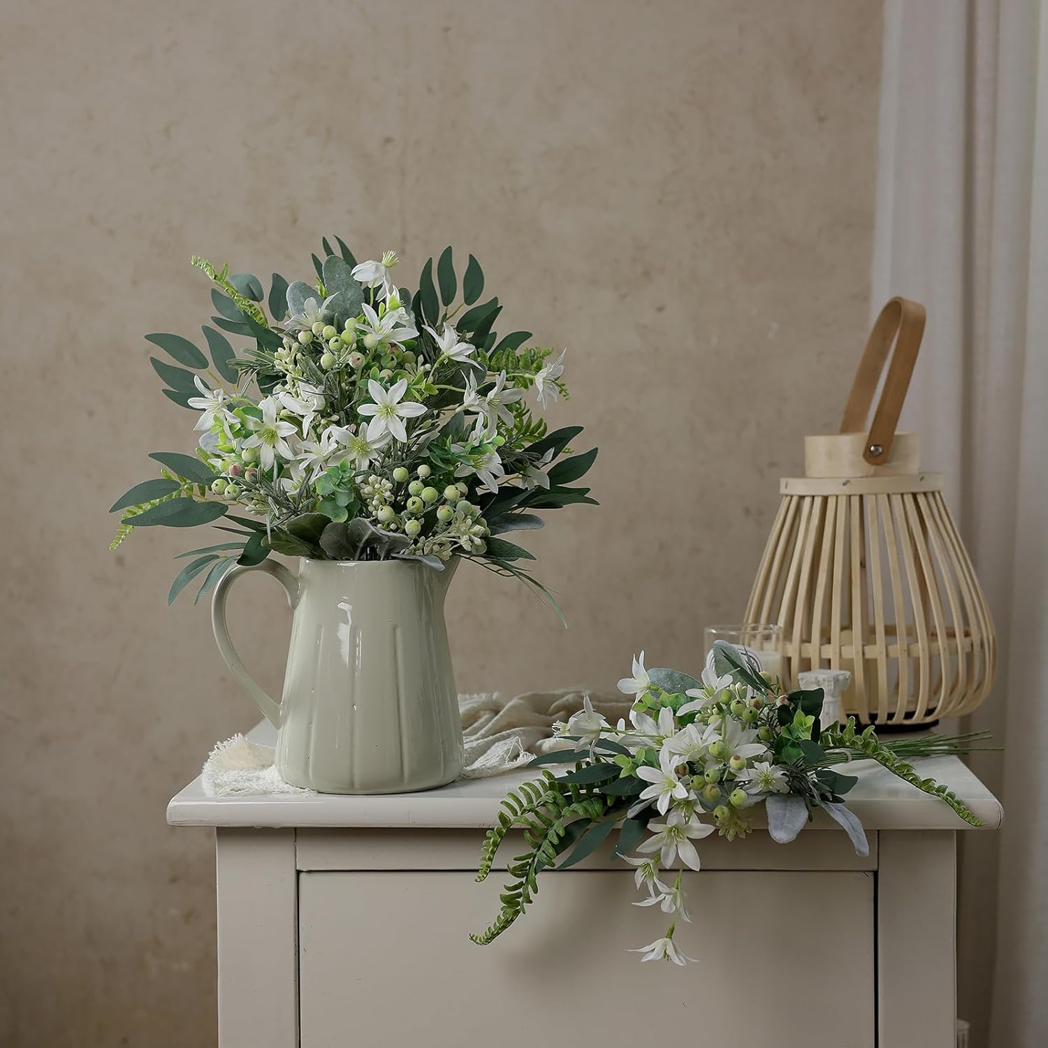 FOTEEWL 70 Pcs Artificial Greenery Stems Box Set,with 8 Kinds of Faux Plants and Fake Flowers for DIY Bridal Bouquets Wedding Floral Arrangement Table Centerpieces Decoration (Sage Green & White)