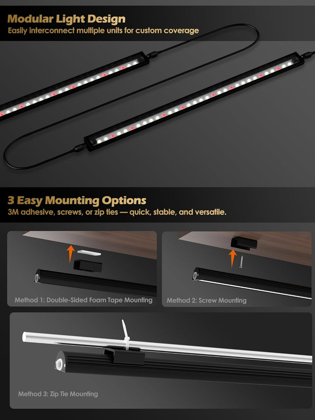 Smart Grow Light for Indoor Plants,3500K Full Spectrum LED Plant Light Strips with 3/9/12H Auto Timer,Stepless Dimming,Modular Design，Plug and Play (Black, 2 Pack 16W)