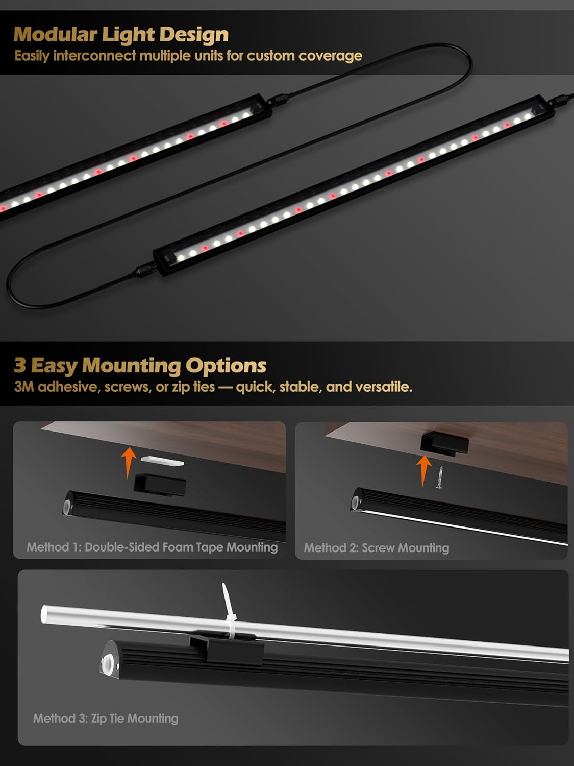 Smart Grow Light for Indoor Plants,3500K Full Spectrum LED Plant Light Strips with 3/9/12H Auto Timer,Stepless Dimming,Modular Design，Plug and Play (Black, 2 Pack 16W)