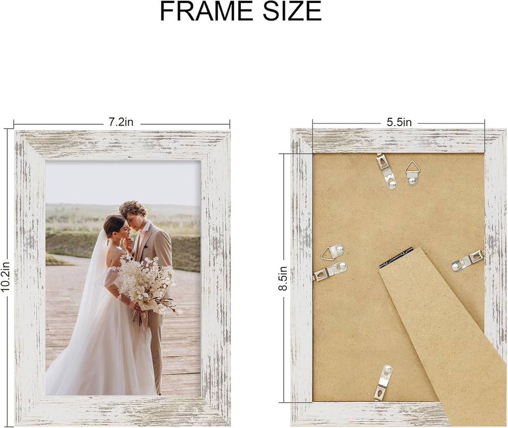 5.5x8.5 Picture Frame Set of 4, Made of Real Glass and Distressed White Frame, 5.5 by 8.5 Photo for Wall or Tabletop
