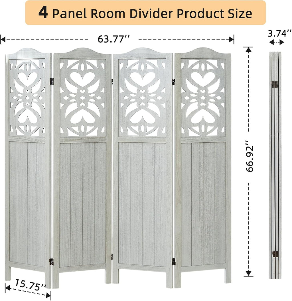 4 Panel Room Divider Panel, 5.6Ft Tall Room Divider Wall and Folding Privacy Screen, Carved Wall Divider Panel, Folding Portable Partition Screen, Divider for Room Separation - Light Gray