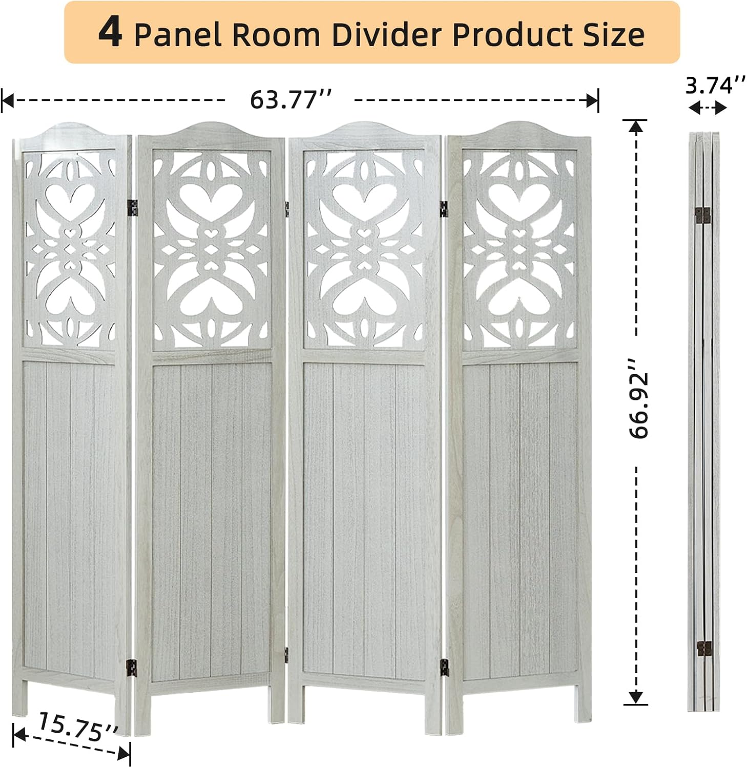 4 Panel Room Divider Panel, 5.6Ft Tall Room Divider Wall and Folding Privacy Screen, Carved Wall Divider Panel, Folding Portable Partition Screen, Divider for Room Separation - Light Gray