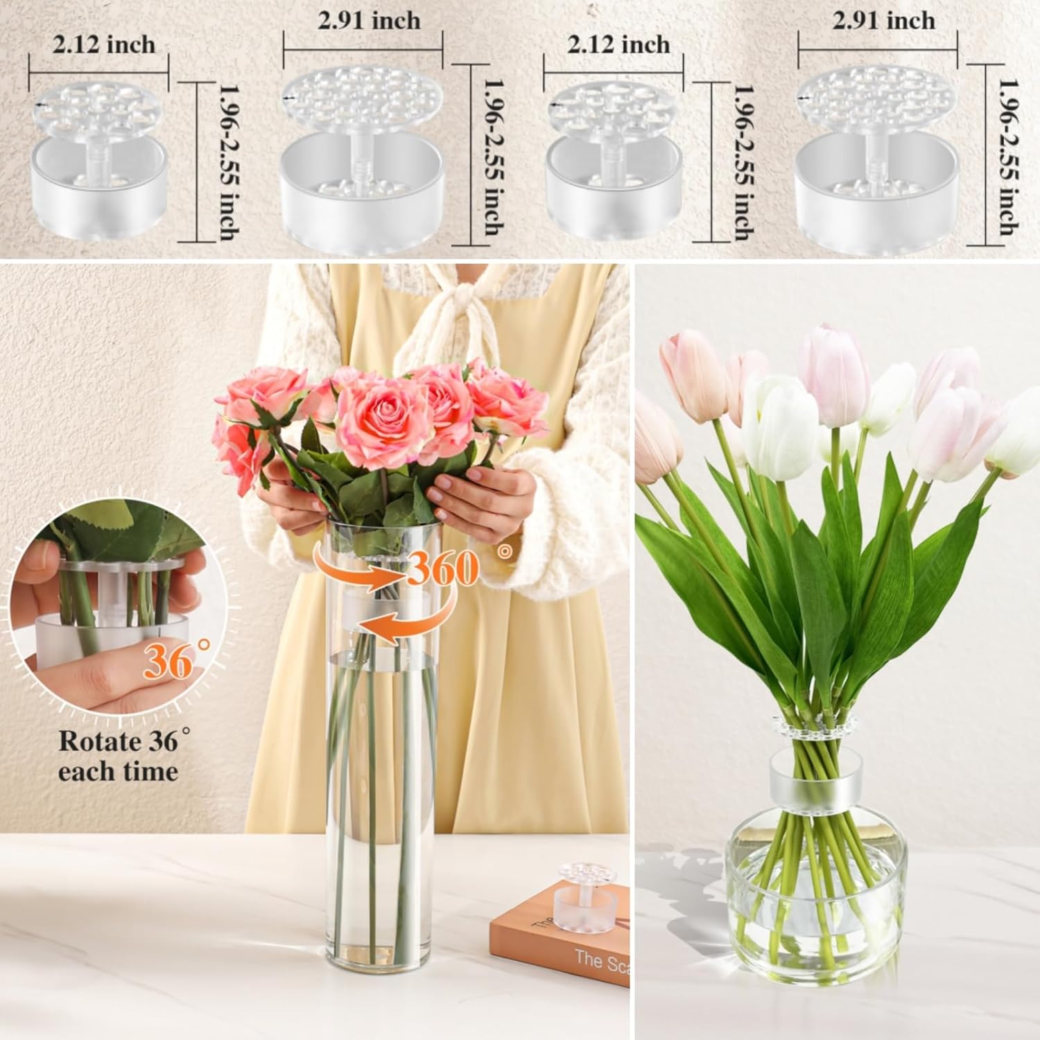 4 Spiral Ikebana stem Holder, hanataba Arranger Twist Flower Arrangement Holder Ikebana Bouquet Twister Ring Tools, Reusable Kitchen Floral Grid Supplies (Half Clear)
