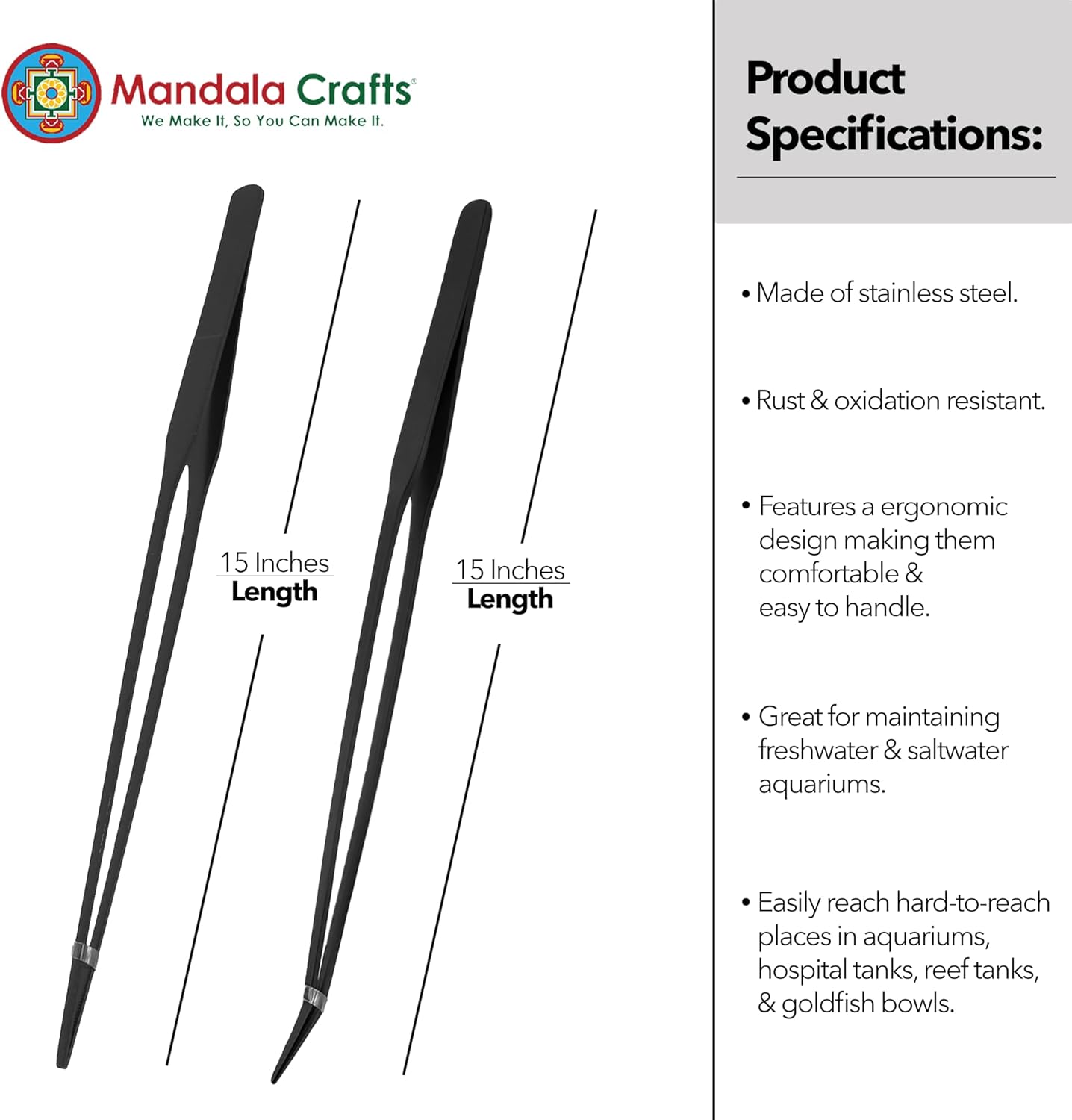 Mandala Crafts 15 Inches Black Stainless Steel Straight and Curved Aquarium Tweezers for Aquatic Plants – Long Aquascape Forceps for Fish Tanks, Hospital Tanks, Goldfish Bowls, and Terrariums