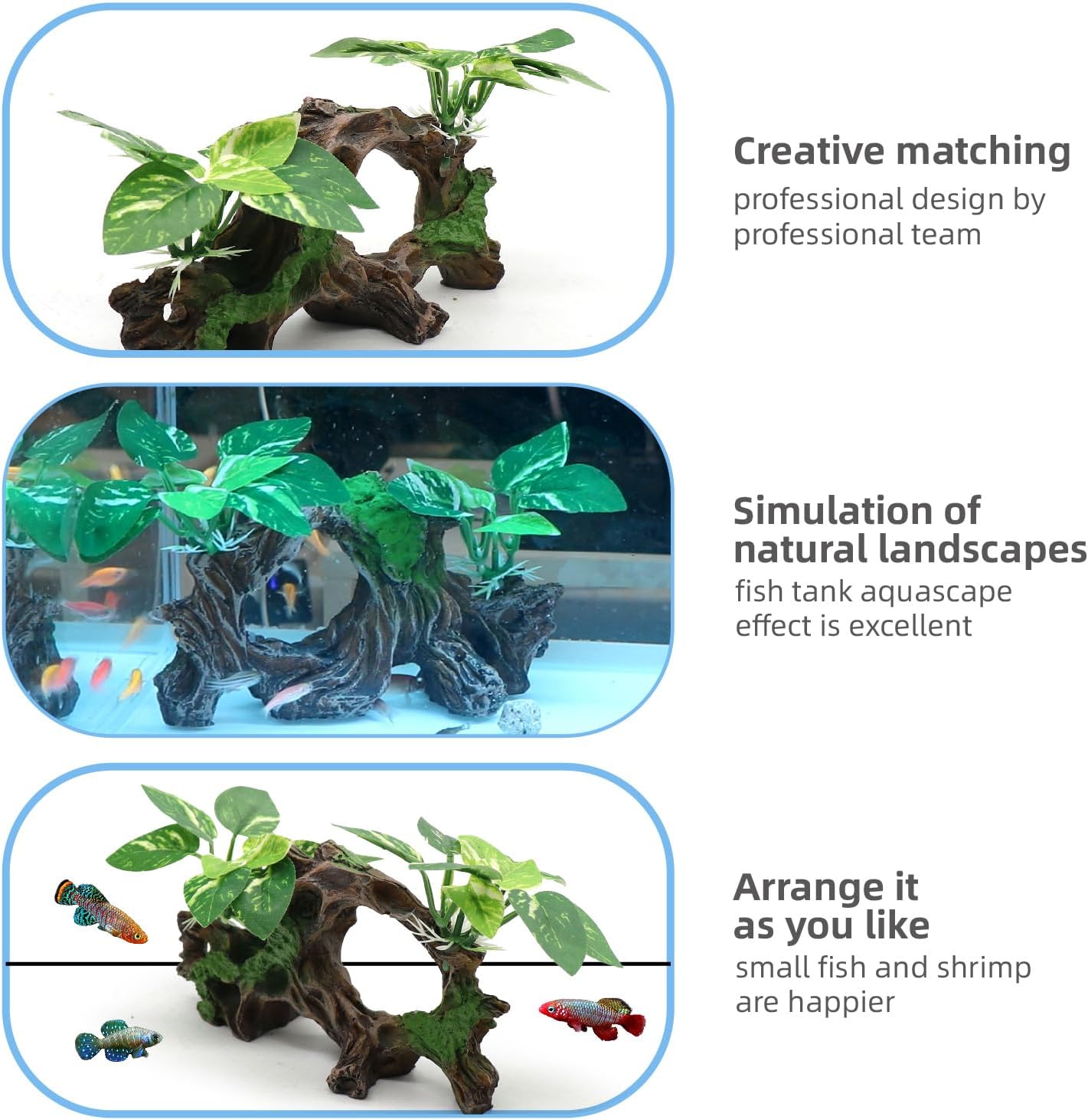 Fish Tank Decorations Artifical Driftwood Cave Aquarium Decor Ornaments Silk Aquarium Plants for Betta Fish Tank Accessories