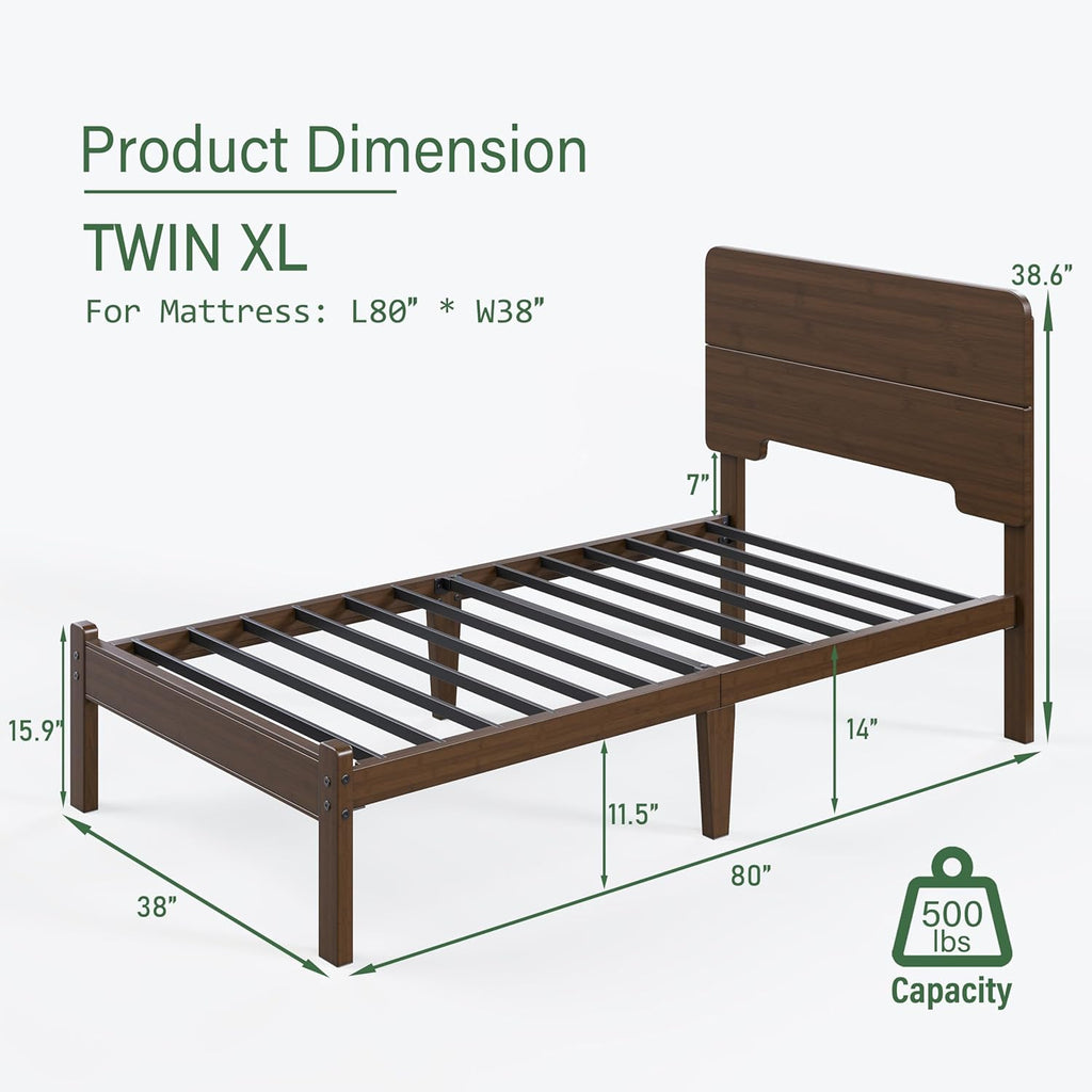 14in High Solid Bamboo Wood Platform Twin XL Bed Frame with Headboard, Reinforced Heavy Duty Metal Slats, Noise Free, No Box Spring Needed, Easy Assembly, Walnut