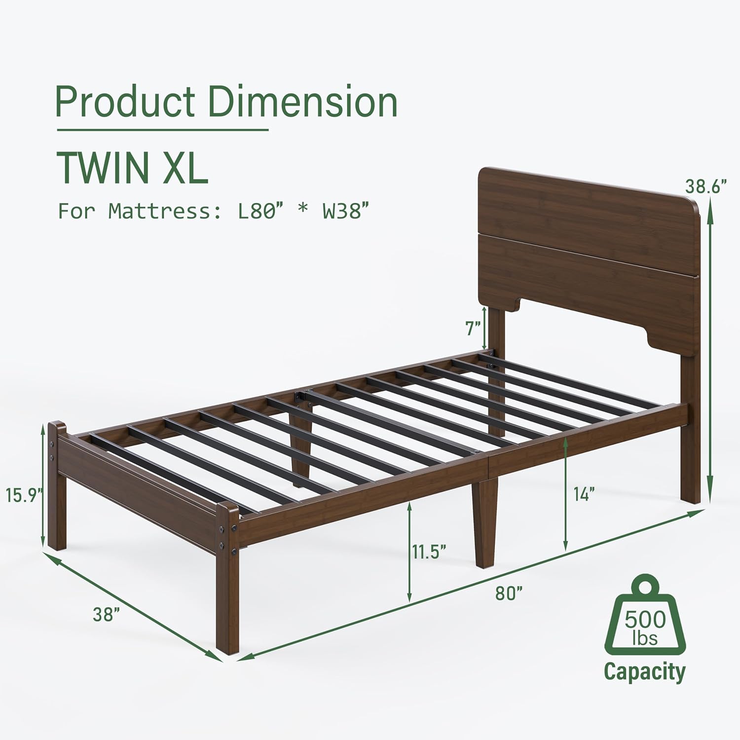 14in High Solid Bamboo Wood Platform Twin XL Bed Frame with Headboard, Reinforced Heavy Duty Metal Slats, Noise Free, No Box Spring Needed, Easy Assembly, Walnut