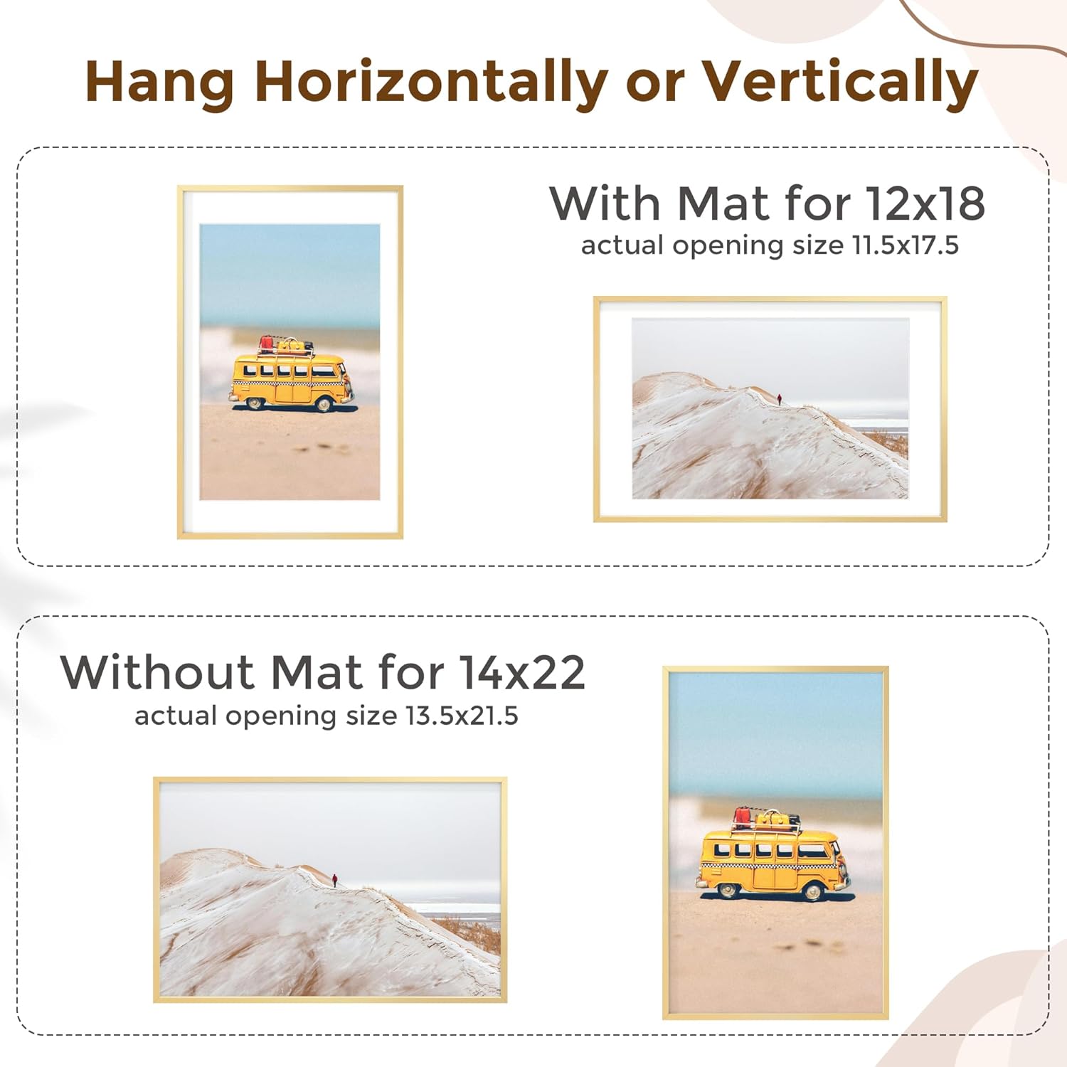 Fun Memories 14x22 Picture Frame for Wall, 14x22 Frame with Matted to 12x18, Gold Picture Frames for Wall Art Photo and Prints (Gold, 1 Pack)