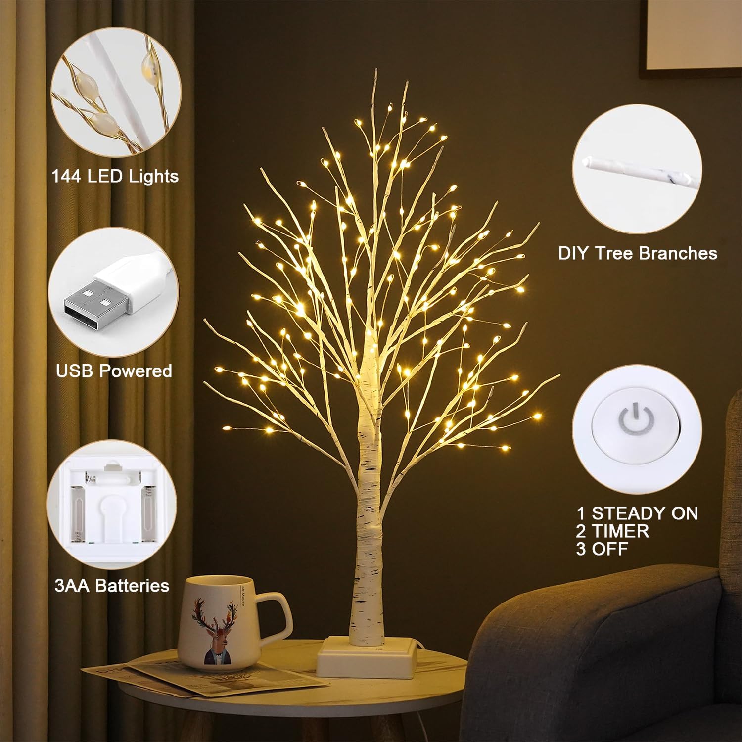 Lighted Trees for Indoor Decor, 24”2FT White Birch Tree with 144 LED Lights, Lighted up Tree Lamp USB/Battery Powered Timer, Artificial Trees for Table Home Christmas Decor (2)