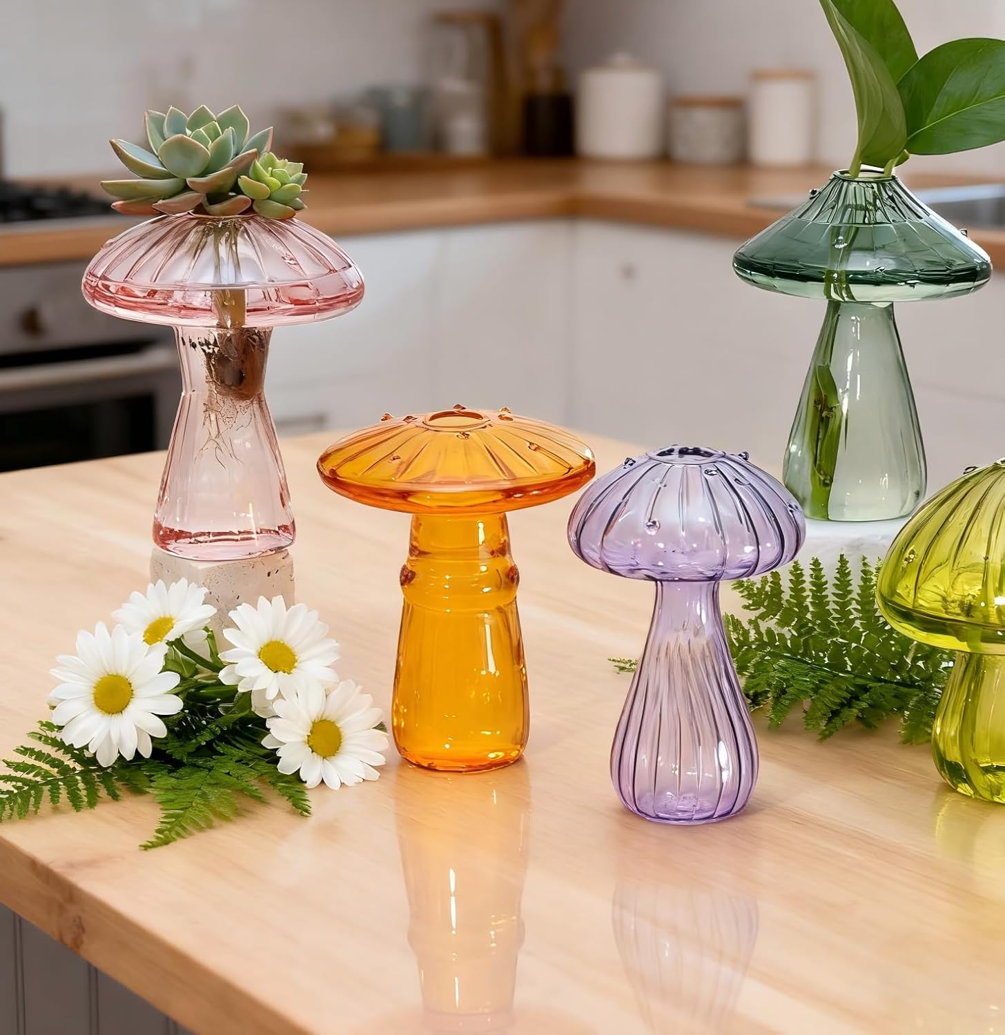 6 Pcs Colored Mushroom Glass Propagation Vases for Plants, Hydroponic Bud Vase Plant Propagation Stations Decor, Glass Terrariums for Indoor Plants, Cute Mushroom Vase Gifts for Women Office Decor