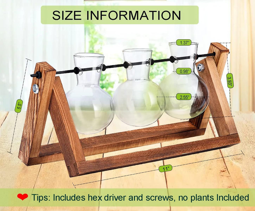 Kingbuy Plant Terrarium Propagation Station - 3 Glass Bulb Vases with Retro Wooden Stand Boho Desktop Planter for Hydroponics Home Garden Indoor Home Office Decor Unique Gifts for Women & Plant Lovers