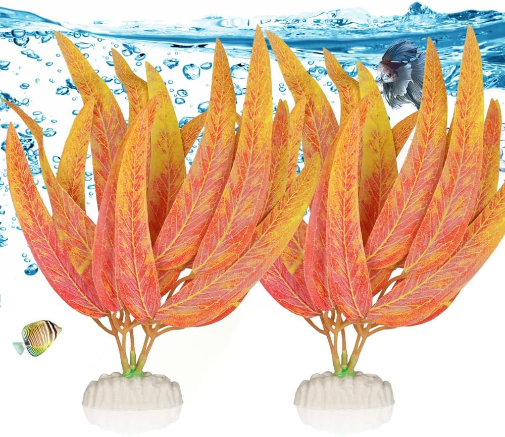 BEGONDIS 2Pcs Artificial Aquatic Plants Set - Lifelike Silk Fabric Leaves for Aquarium Decoration, Easy to Maintain, Vibrant Underwater Garden (Orange)