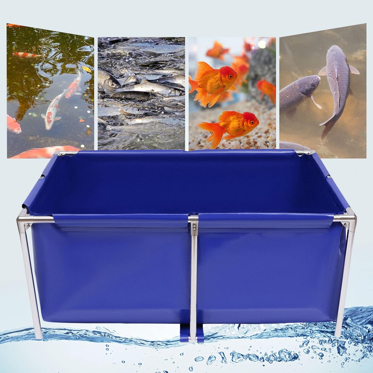 Foldable Aquarium Fish Tank, Portable Koi Breeding Pond with Drain Valve, Viewing Aquaculture Pool for Prawn Cultivation, Blue