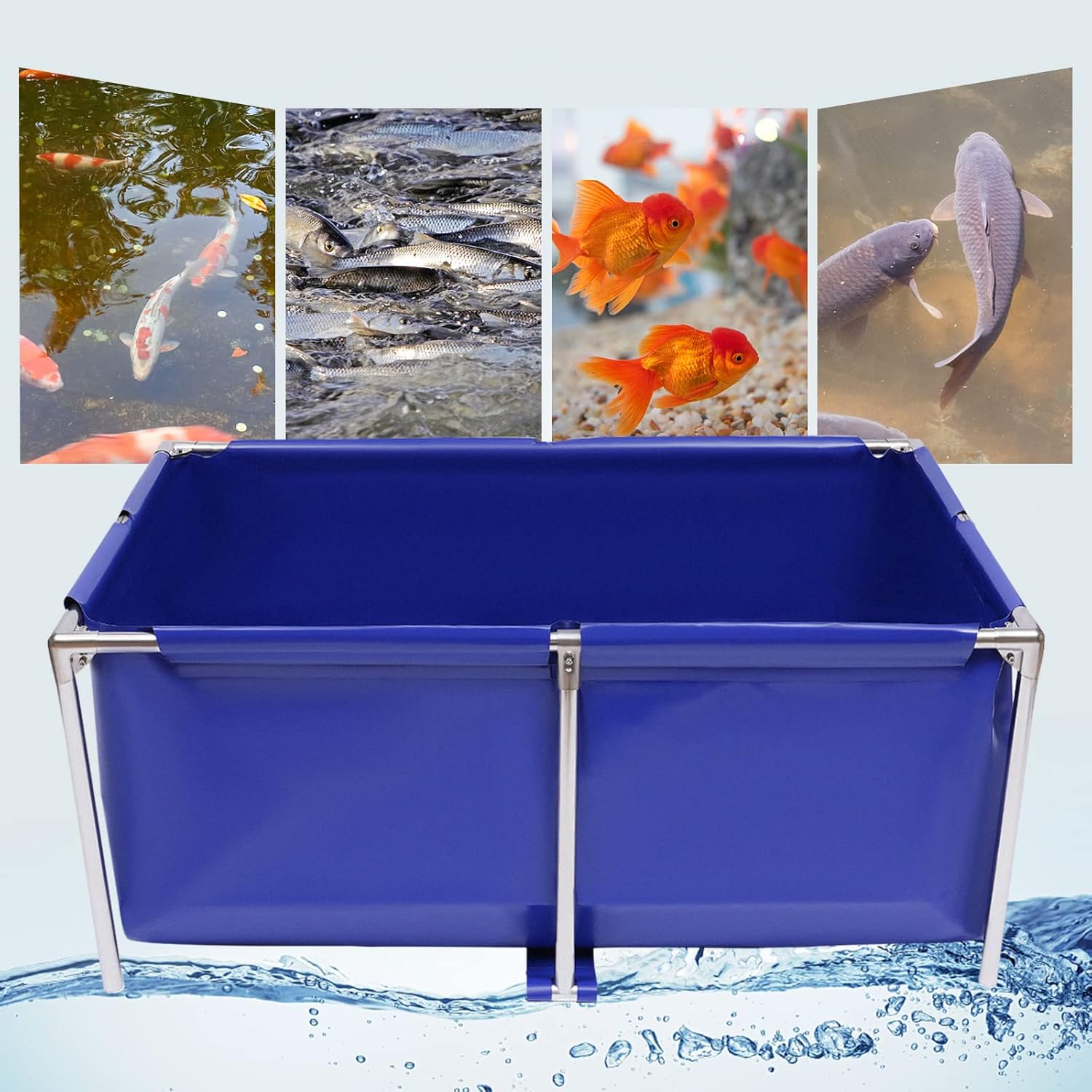 JOMCYDM Aquarium Fish Water Tank Ornamental Swimming Pool Koi Breeding Pond,Canvas Above Ground Fish Pond with Steel Frame, Drain Valve, Blue Aquarium Pool, Koi Pond, Foldable Water Storage