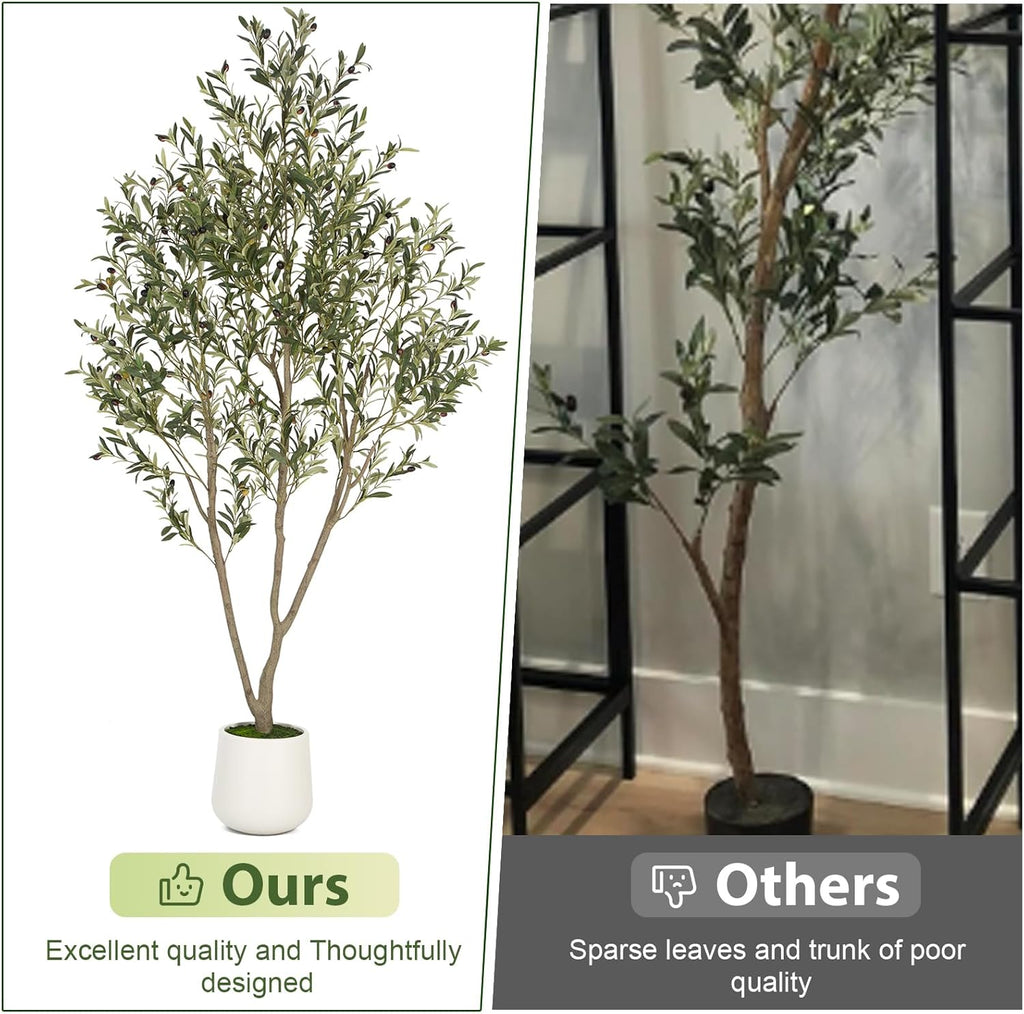 Olive Trees Artificial Indoor, 6FT Tall Faux Olive Tree with White Tall Planter, Artificial Plants with Natural Wood Trunk and Lifelike Fruits for Home Office Decor