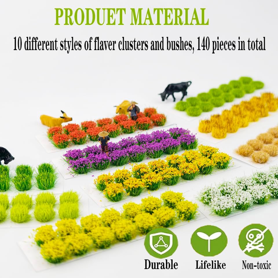 140Pcs DIY Miniature Colorful Flower Cluster Self Adhesive Flower Vegetation Groups Static Grass Tufts for Train Landscape Railroad Scenery Sand Military Layout Model Miniature Bases and Dioramas