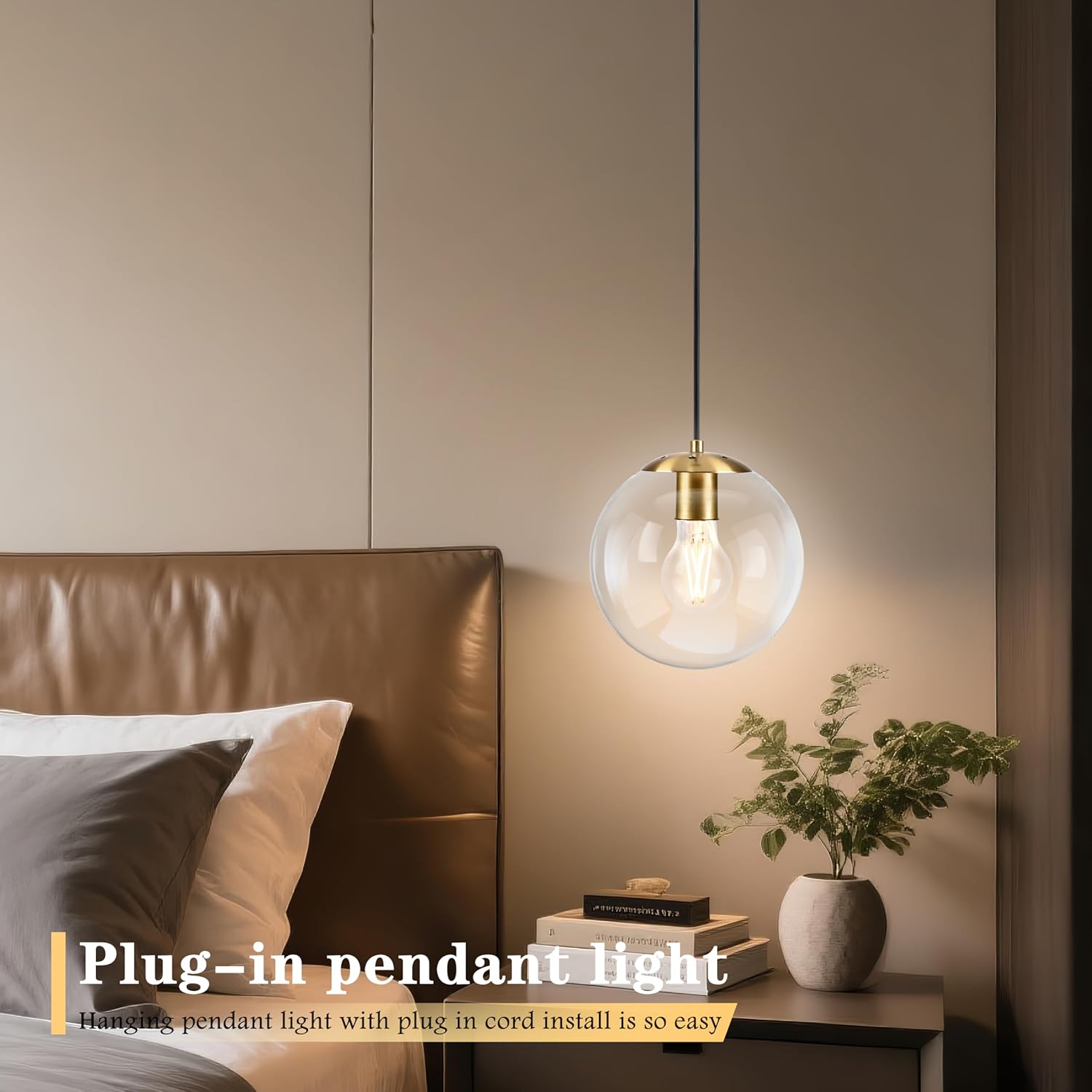 KoKo&Yukina 8" Globe Pendant Light Gold Plug in Pendant Light Adjustable Hanging Lights with Plug in Cord Brushed Gold Finished with Clear Glass Lampshade for Bedroom Kitchen Island（Bulb Included）