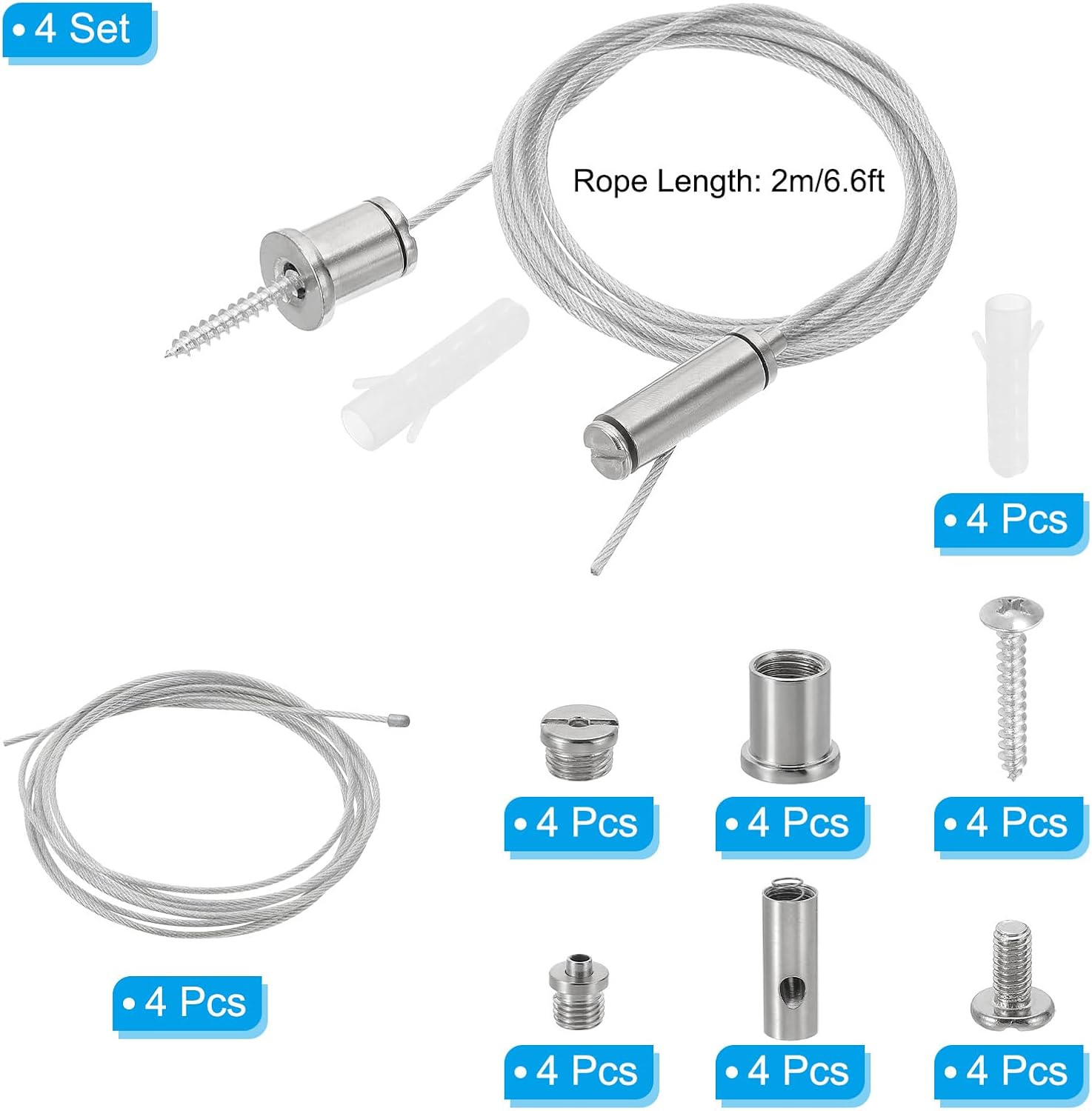 PATIKIL Ceiling Hanging Wire Cable Kit, 2m/6.6ft 4 Set Adjustable Light Suspend Cable Kit Panel Hanging Rope Clamp Slotted Round Nail for Pendant Light Fitting Aquarium Lights, Style 2