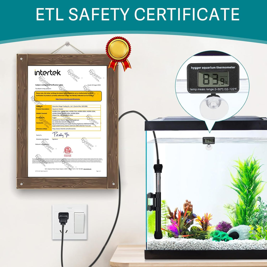 hygger ETL Certification Aquarium Heater, 50W/100W/200W/300W Submersible Fish Tank Thermostat Heater with Firm Double Pair Suction Cups for Coral Saltwater and Freshwater Tank with Thermometer (50W)
