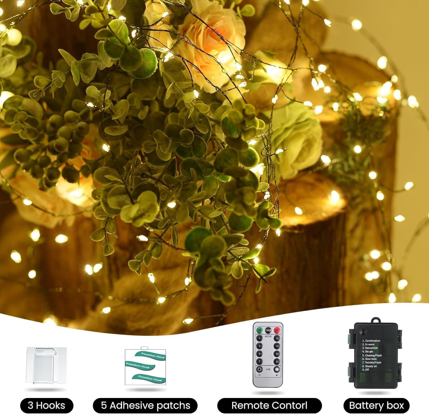 Dailyart 6feet 120 LED Starry Lights, Battery Operated Waterproof Dark Green Copper Wire Fairy Light String Light for Garland, Wreath, Patio, Garden, Wedding, Party, Xmas