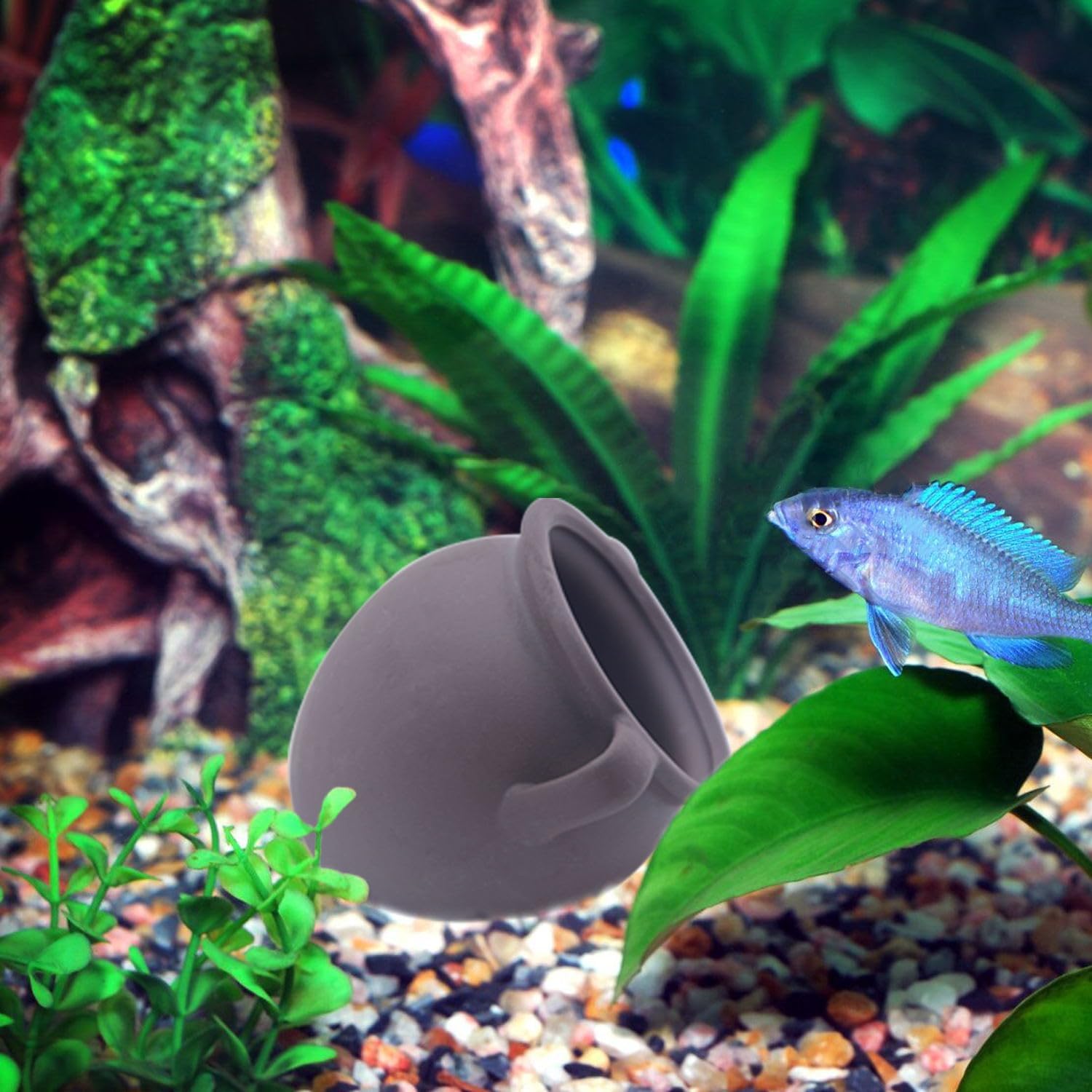 AnRui Ceramic Jar Aquarium Ornament Decor Natural Clay Vase Betta House Hideout Cave Pot Fish Tank Decorations Accessories for Cichlid, Small Fish, Shrimp to Play Hide Breed Habitat, Large