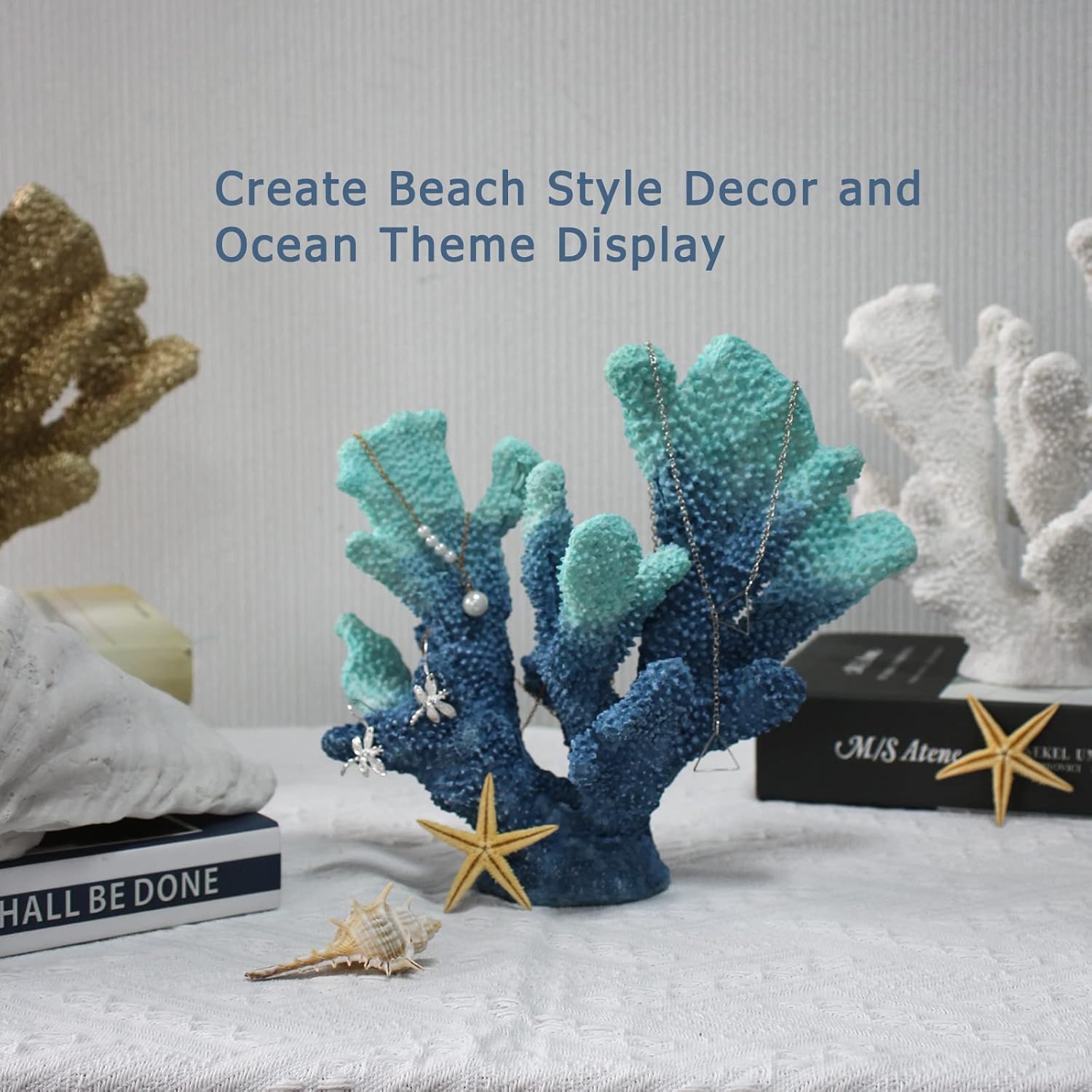 Blue Coral Decor - Faux Artificial Coral Reef Statue, Nautical Tabletop Decoration for Living Room and Home (7.8in Tall)