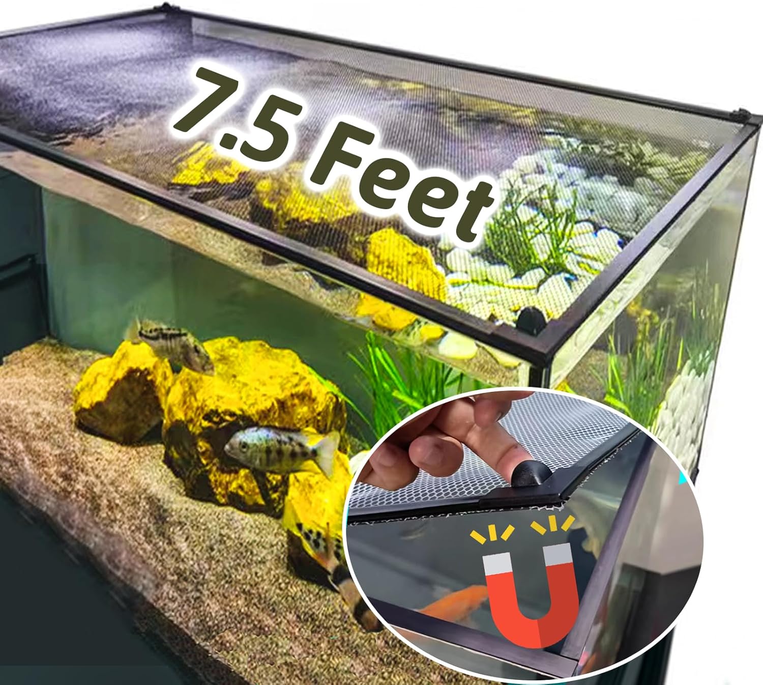 7.5 FT DIY Magnetic Fish Aquarium Anti-Jumping net Cover, Mesh Screen Netting for Fish Aquarium Screen Top Cover, Aquarium Lid Prevents Fish, Reptiles from Jumping Out (7.5 Feet)