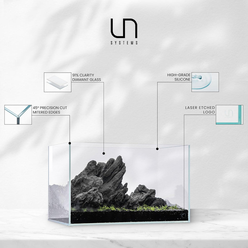 UNS Ultra Clear Rimless Tank - 7.1GAL | 27L - 11.81x11.81x11.81 | 30x30x30 CM, 5mm Glass Thickness, Leveling Mat Included - Low Iron, High Clarity Fish Tank w/ 45° Mitered Edge - [30C]