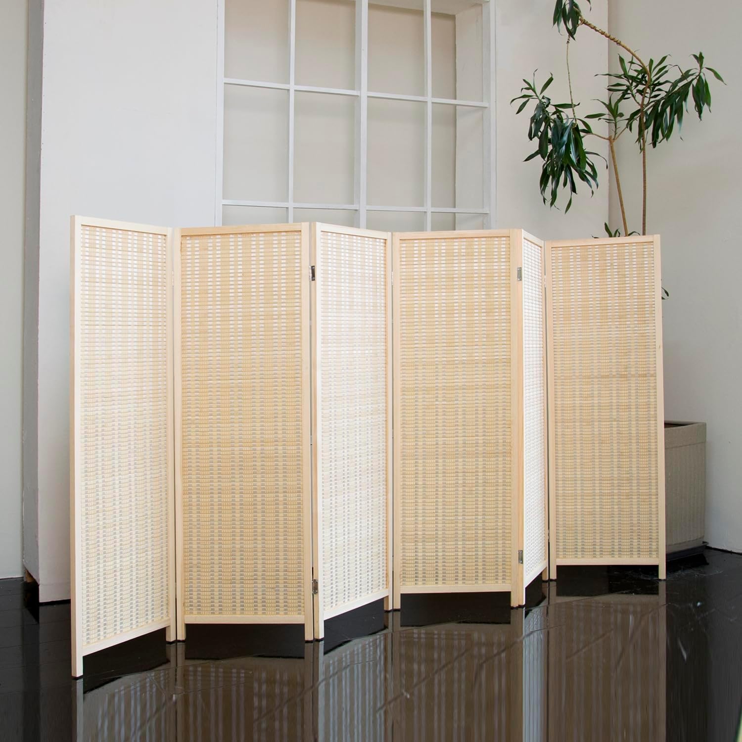 6 Panel Short Room Divider Folding Screen,47 inch Bamboo Panel Divider for Home Partition,Beige