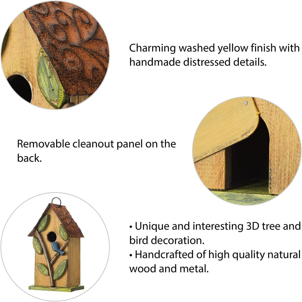 Glitzhome Bird Houses for Outside, 9.7" H Rustic Hanging Birdhouse Decorative Pet Cottage Distressed Wooden Birdhouse with 3D Tree Bluebird House for Outdoor Patio Garden, Yellow