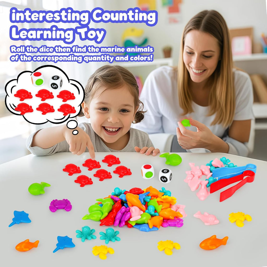 Sorting Colors Sea Animals Counting Toys with Matching Sorting Cups and Game Dices, Color Classification and Sensory Training Preschool Educational Learning Toys for Toddlers Kids Girls Boys Ages 3+