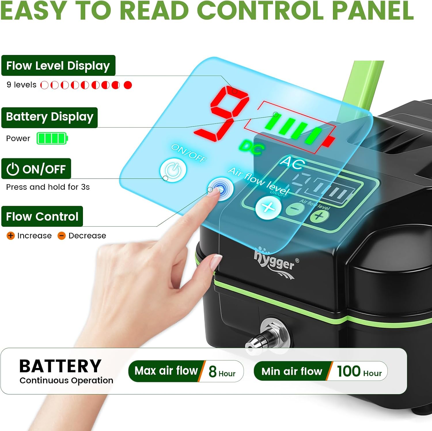 hygger Powerful Rechargeable Aquarium Air Pump, Adjustable Battery-Powered Oxygen Aerator for Fish Tank Emergency, Commercial Use, Live Well, Koi Pond & Power Outages