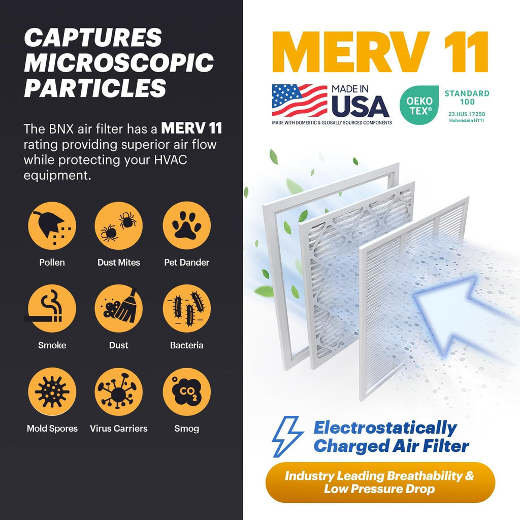 BNX TruFilter 16x25x2 Air Filter MERV 11 (4-Pack) - MADE IN USA - Allergen Defense Electrostatic Pleated Air Conditioner HVAC AC Furnace Filters for Allergies, Dust, Pet, Smoke, Allergy MPR 1200 FPR 7