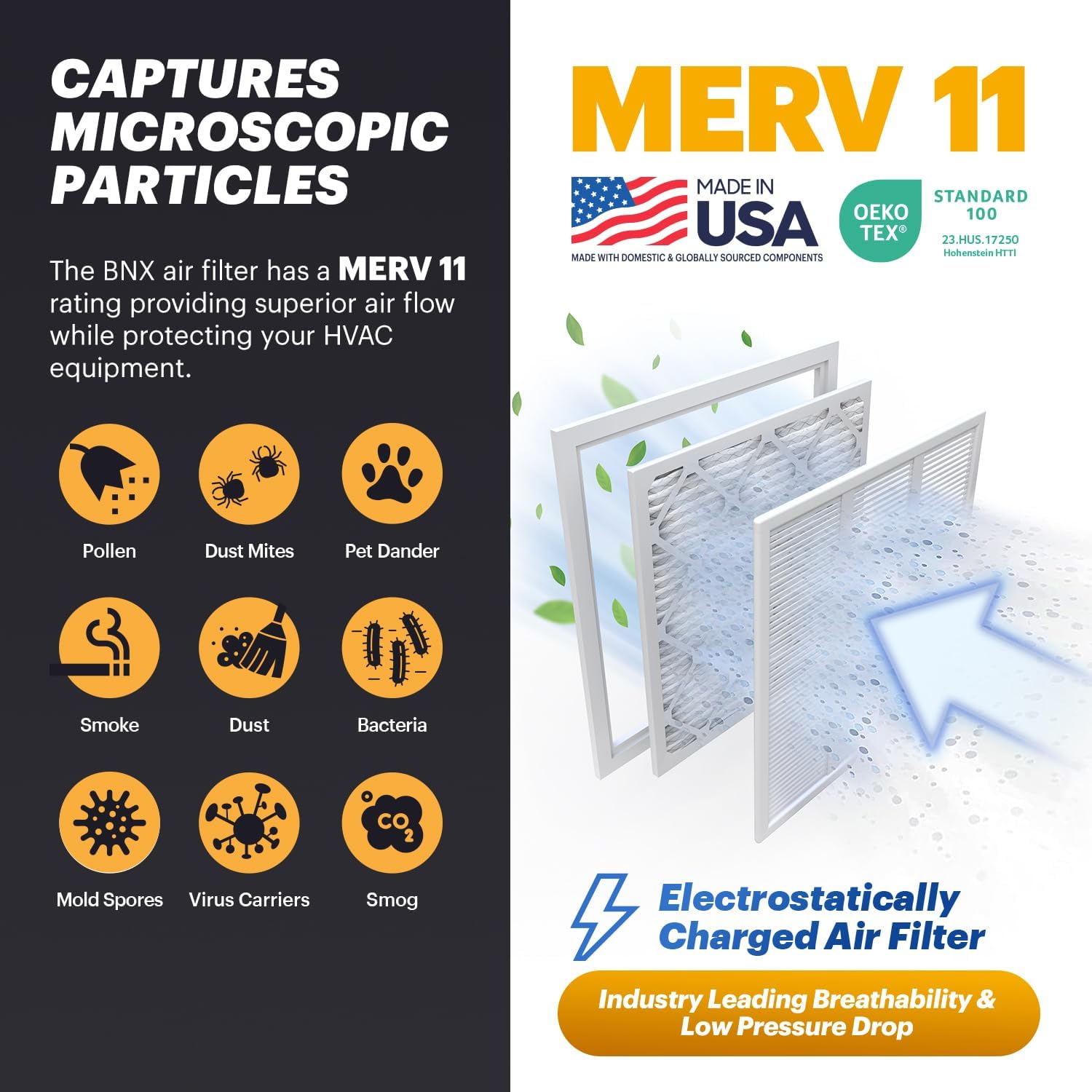 BNX TruFilter 18x24x1 Air Filter MERV 11 (6-Pack) - MADE IN USA - Allergen Defense Electrostatic Pleated Air Conditioner HVAC AC Furnace Filters for Allergies, Dust, Pet, Smoke, Allergy MPR 1200 FPR 7