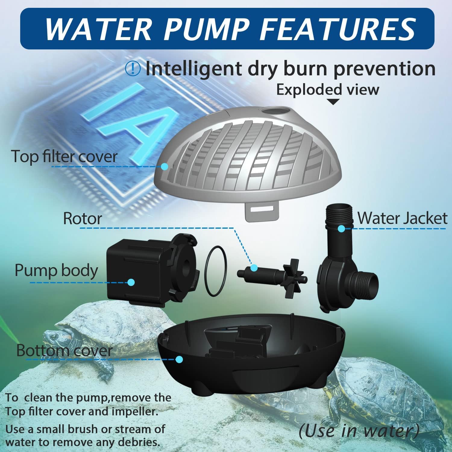 WaterRebirth HSP1000N Turtle Shell Submersible Pump with Fountain Jets - for Turtle Tanks, Ponds, Aquariums - 264GPH High Flow