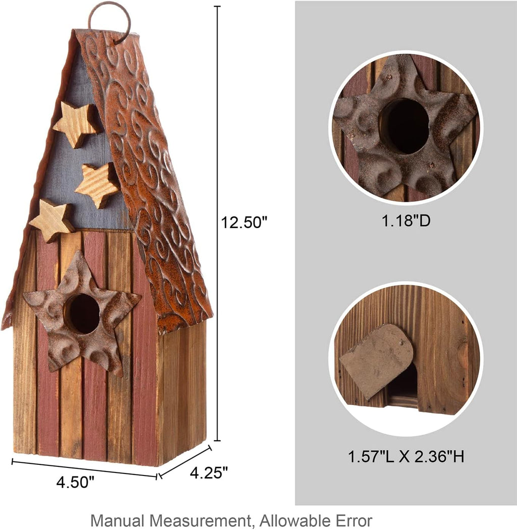 Glitzhome Wooden Hanging Patriotic USA Distressed Garden Bird House for Outdoors 12.5" H