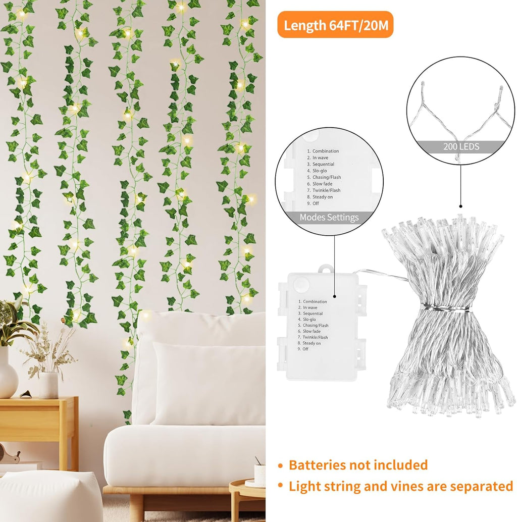CEWOR 168Ft 24 Pack Ivy Garland Artificial Ivy Vines with Lights, Fake Leaves with 200 LED String Lights, Hanging Plants Greenery Decoration for Bedroom Wall Garden Wedding Party
