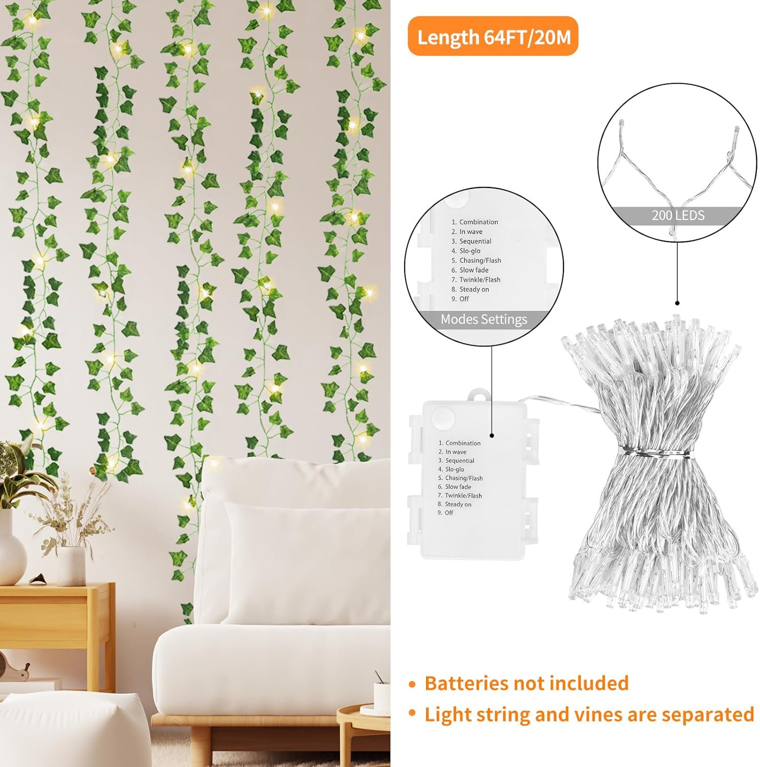 CEWOR 168Ft 24 Pack Ivy Garland Artificial Ivy Vines with Lights, Fake Leaves with 200 LED String Lights, Hanging Plants Greenery Decoration for Bedroom Wall Garden Wedding Party