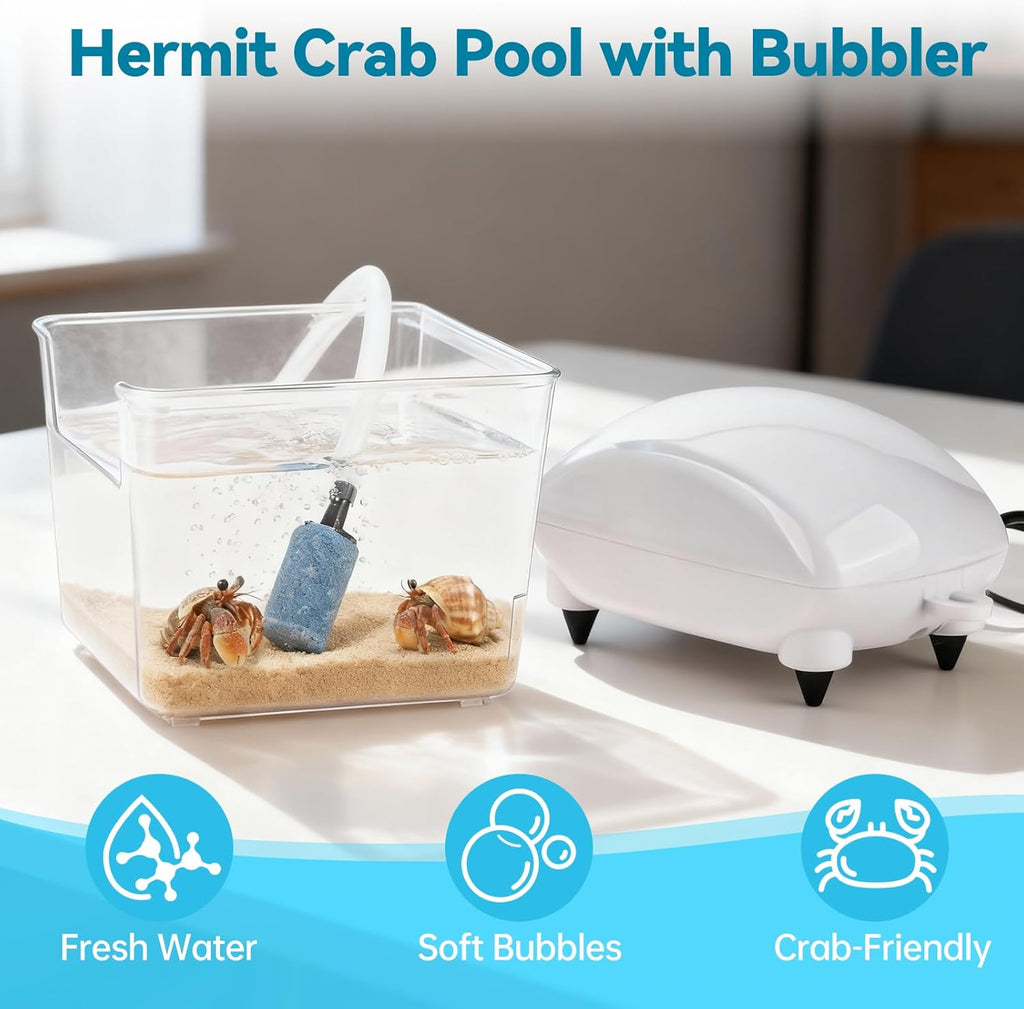 Hermit Crab Pool with Bubbler, Hermit Crab Tank with Aquarium Air Pump, Quiet Oxygen Bubbler Pump with Air Stone, Transparent Water Tank with Climbing Ramp, Ideal for Small or Medium Habitat Home