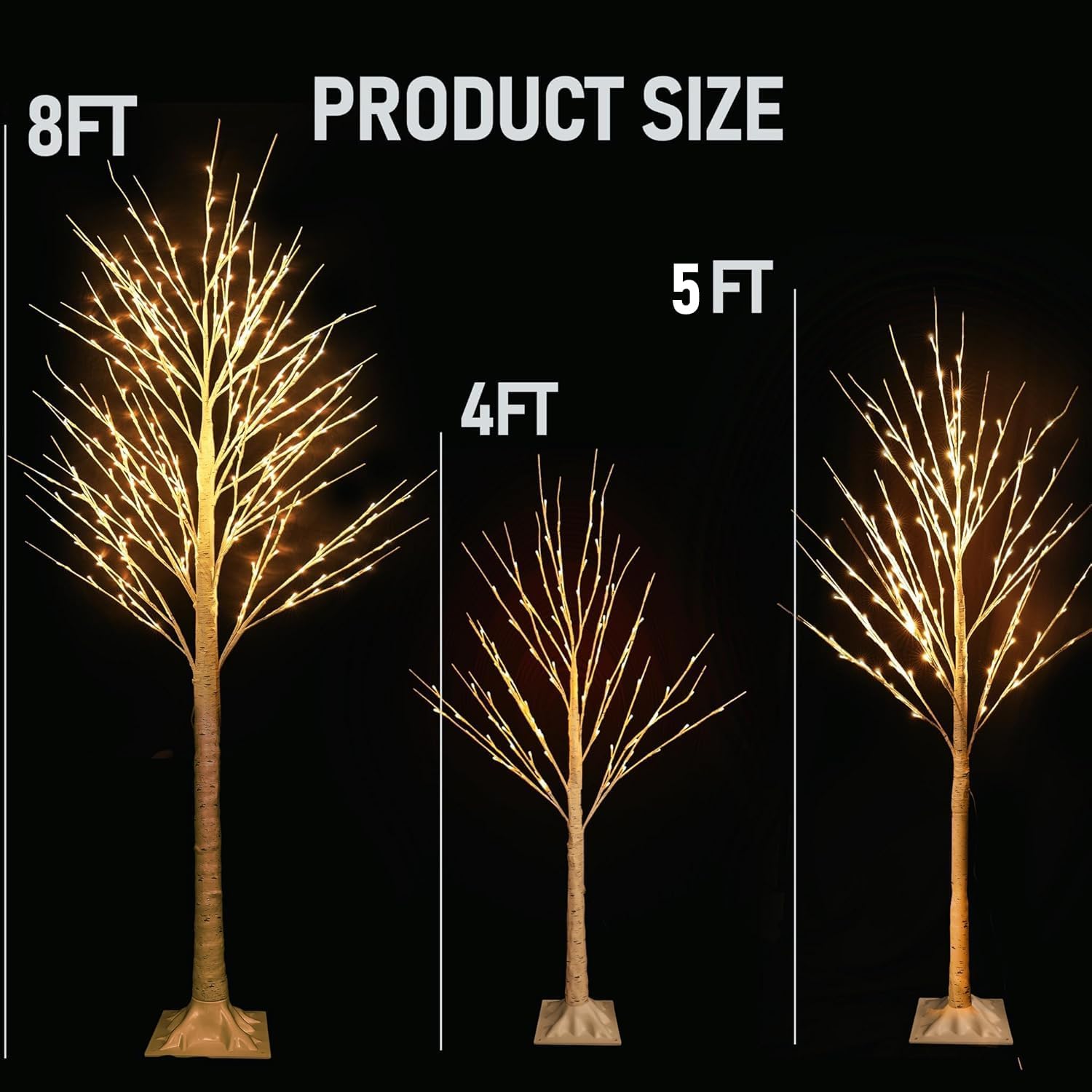 Dazzle Bright 3 Pack Light up Birch Tree, 4FT 96 LED/ 5FT 120 LED/ 8FT 240 LEDs Pre lit Birch Christmas Tree for Xmas Indoor Outdoor Home Party Garden Decor