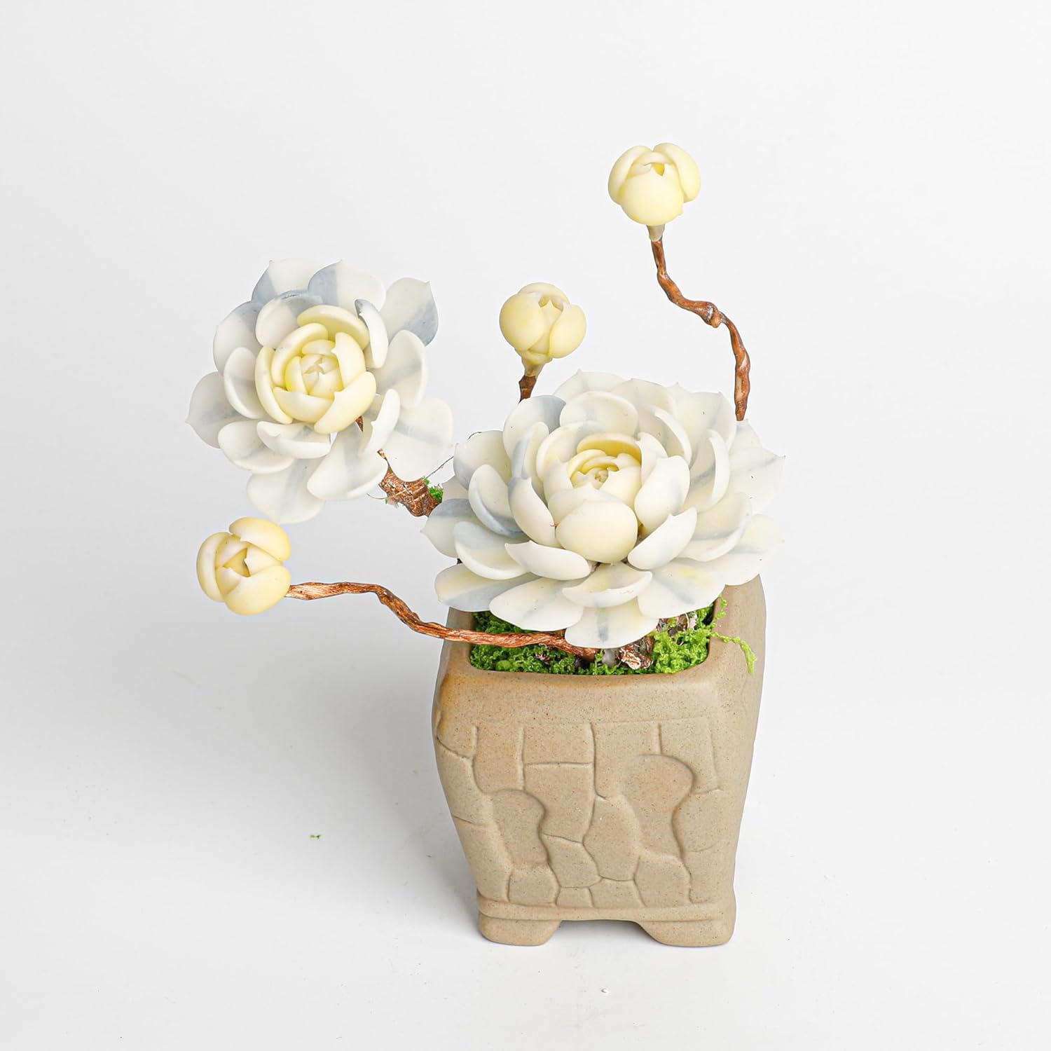 Galagaga Handcrafted Artificial Succulent Plant in Textured Ceramic Pot, Pink and Mint Green Clay Flowers, Maintenance-Free Home Decor (1, shape6)