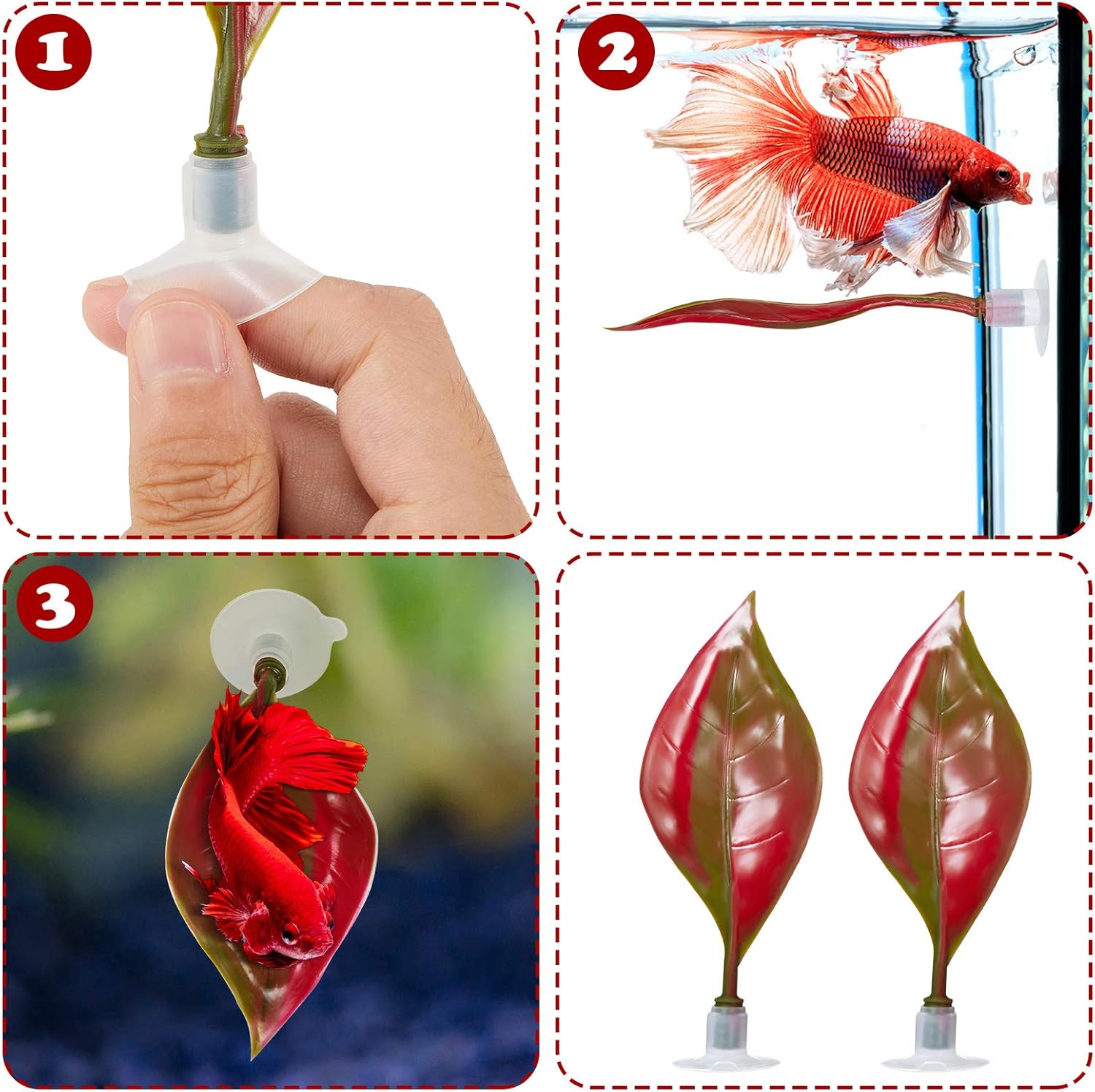 WILLBOND 2 Pieces Silicone Betta Fish Bed Leaf Hammock Betta Fish Tank Accessories, Practical Resting Spot, No Bpa, Comfortable and Safe(Red)