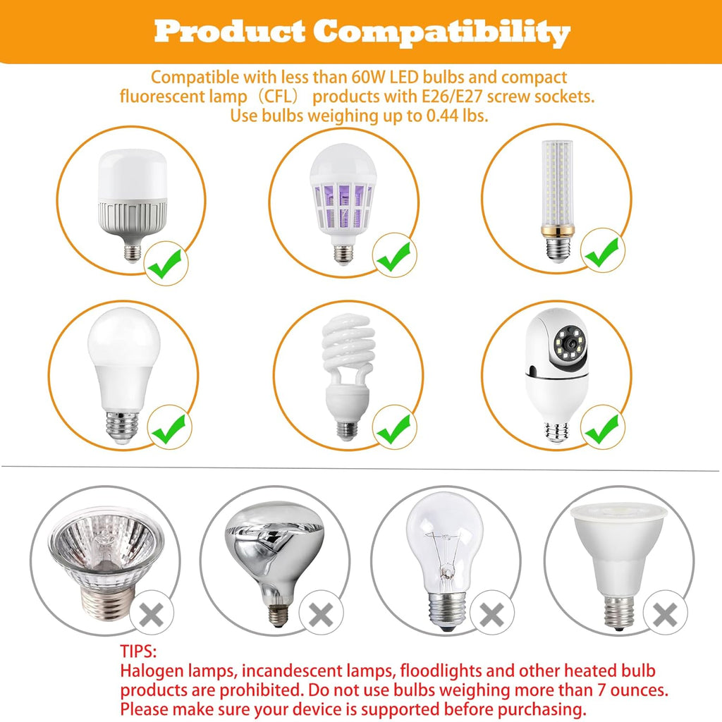 Light Bulb Extender Socket (2-Pack), 19 CM 7.5 Inch Socket Extension, 360° Bendable Adjustable Standard E26/E27 Screw Base Extender Adapter