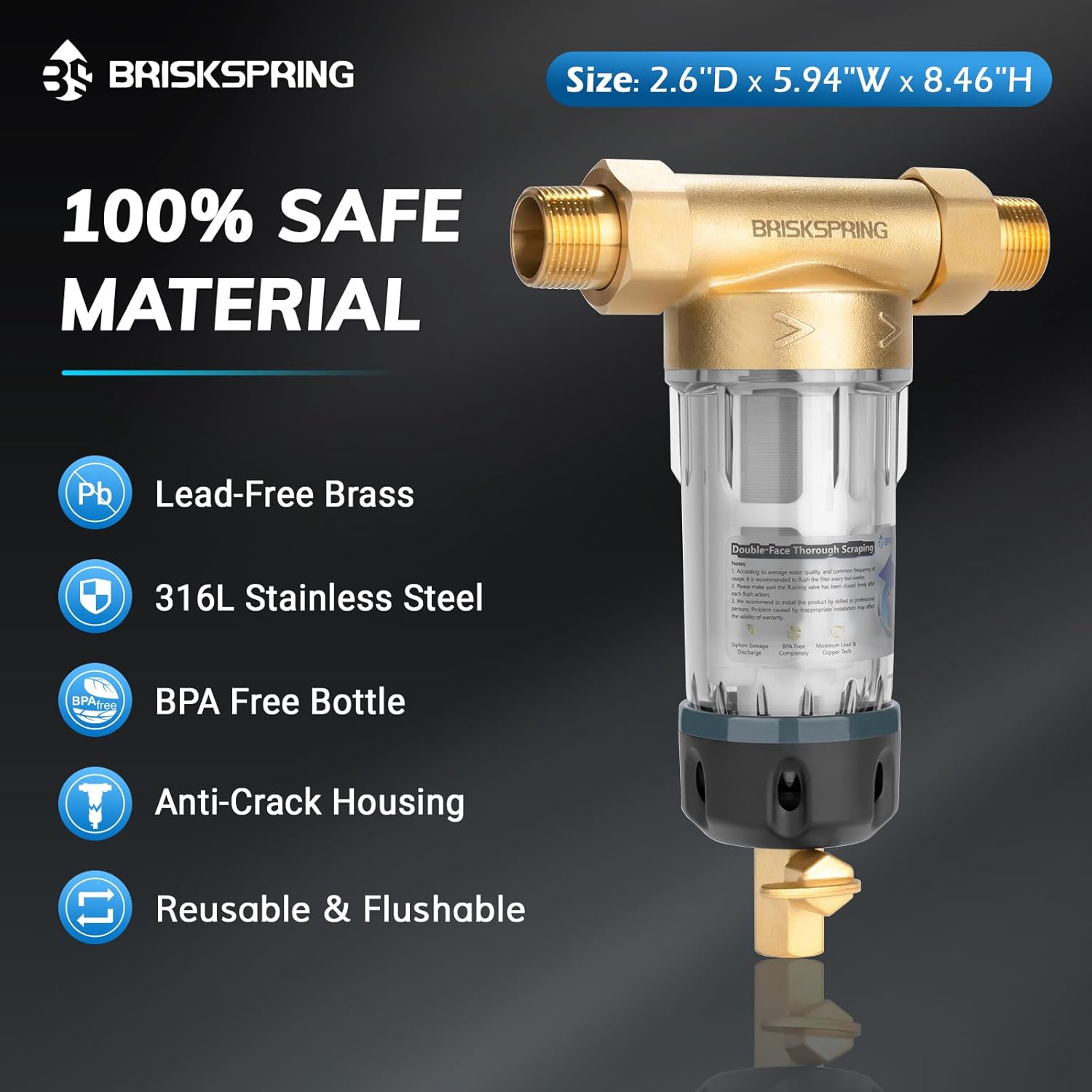 Spin Down Sediment Filters with Scraper, Well Water Filter System for House, Reusable Whole House Water Filter for Well Water, 300 Micron, 1" MNPT + 3/4" FNPT + 3/4" MNPT, BPA Free